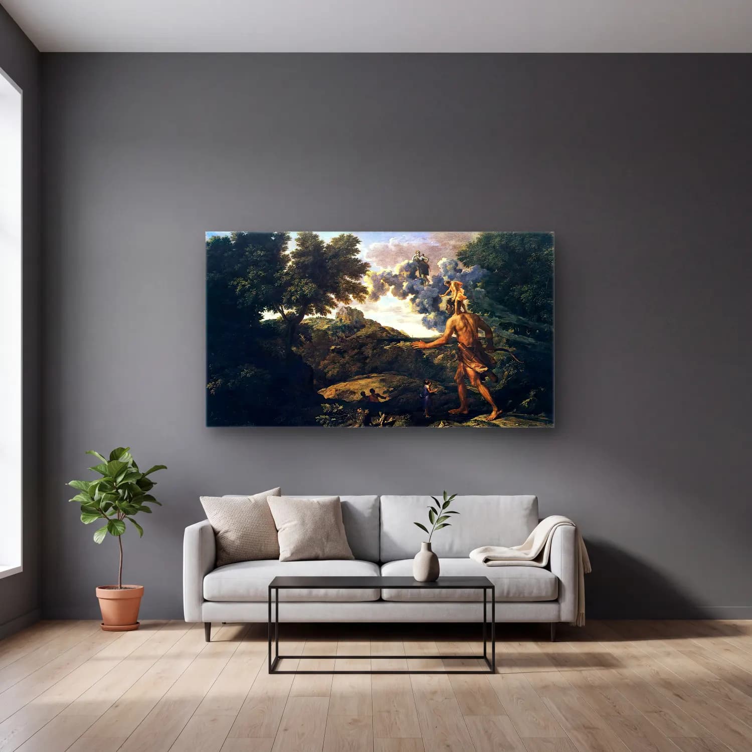 Nicolas Poussin – Landscape with Diana and Orion cam tablo — gri duvarlı salonda
