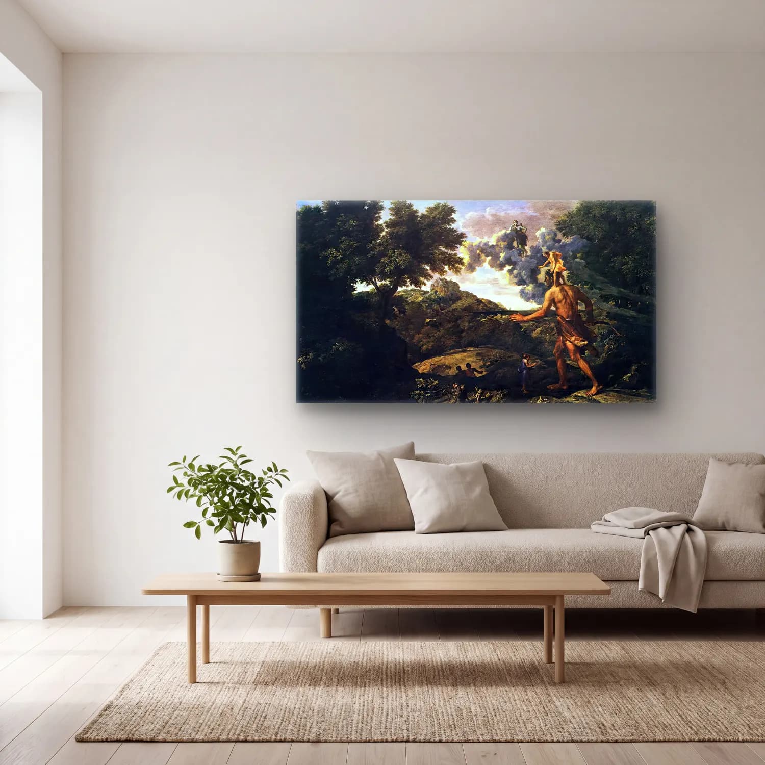 Nicolas Poussin – Landscape with Diana and Orion cam tablo — açık renk salonda