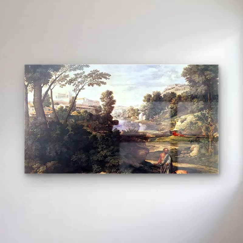 Nicolas Poussin – Landscape with Diogenes cam tablo — Nicolas Poussin – Landscape with Diogenes — yağlı boya kırda nehir