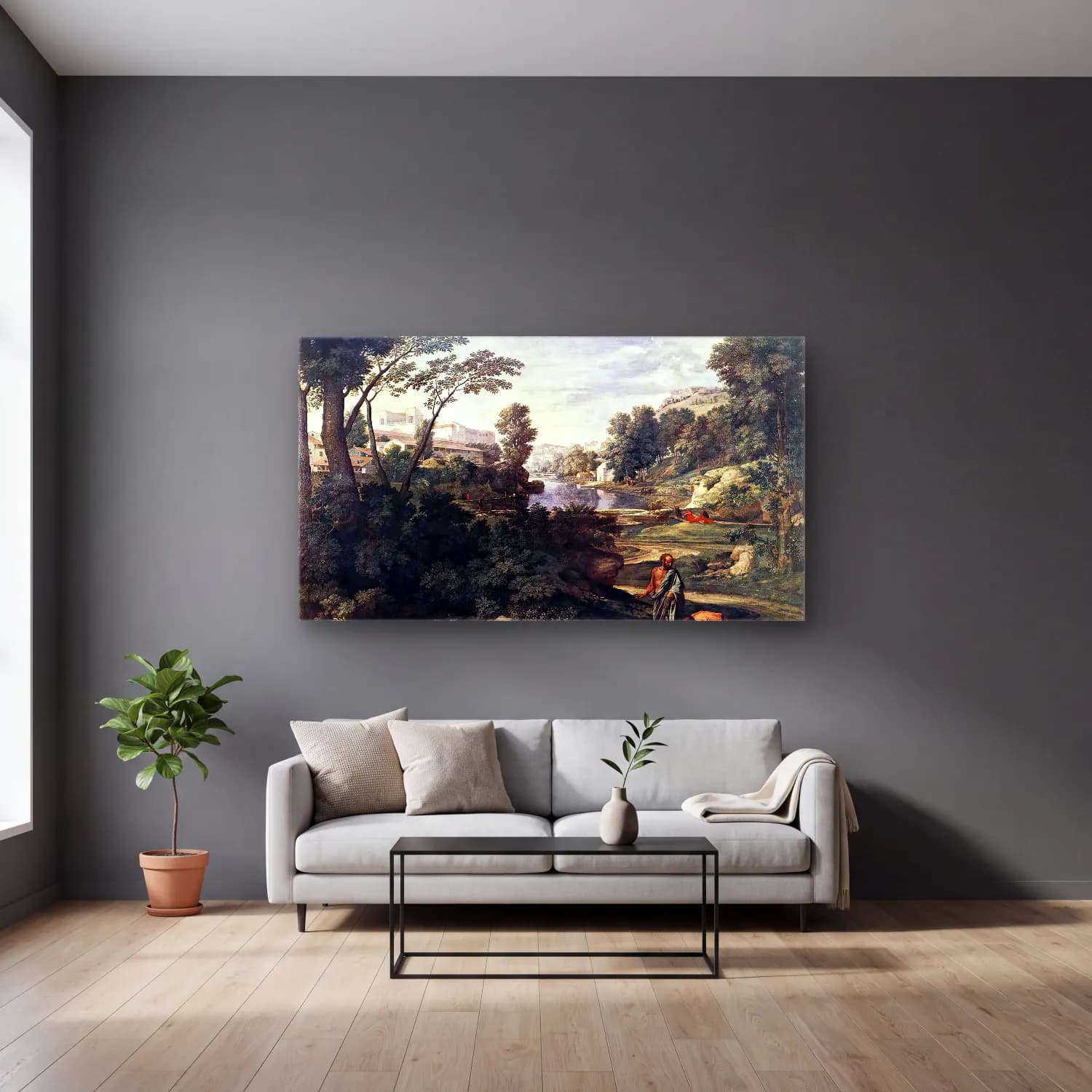 Nicolas Poussin – Landscape with Diogenes cam tablo — gri duvarlı salonda