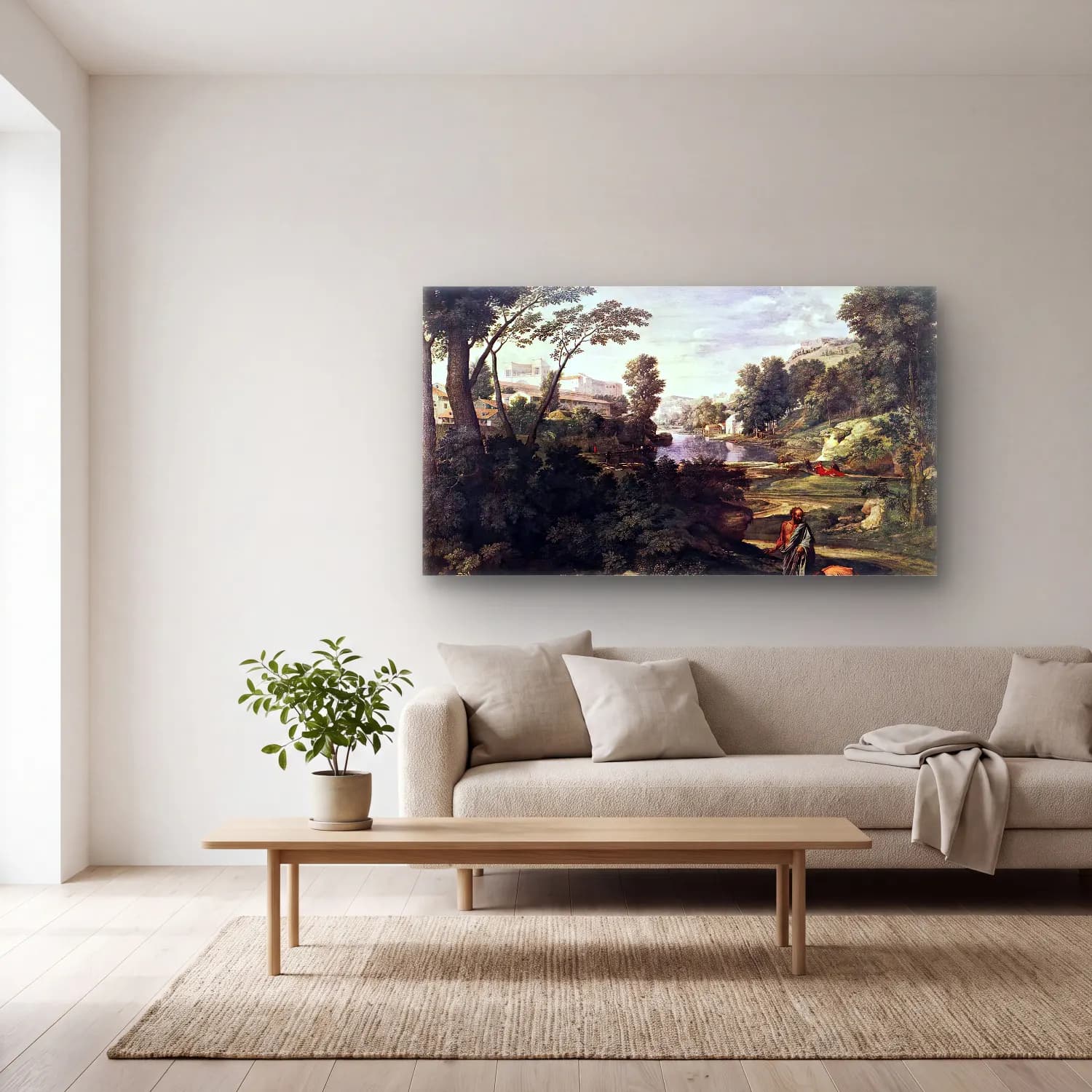 Nicolas Poussin – Landscape with Diogenes cam tablo — açık renk salonda