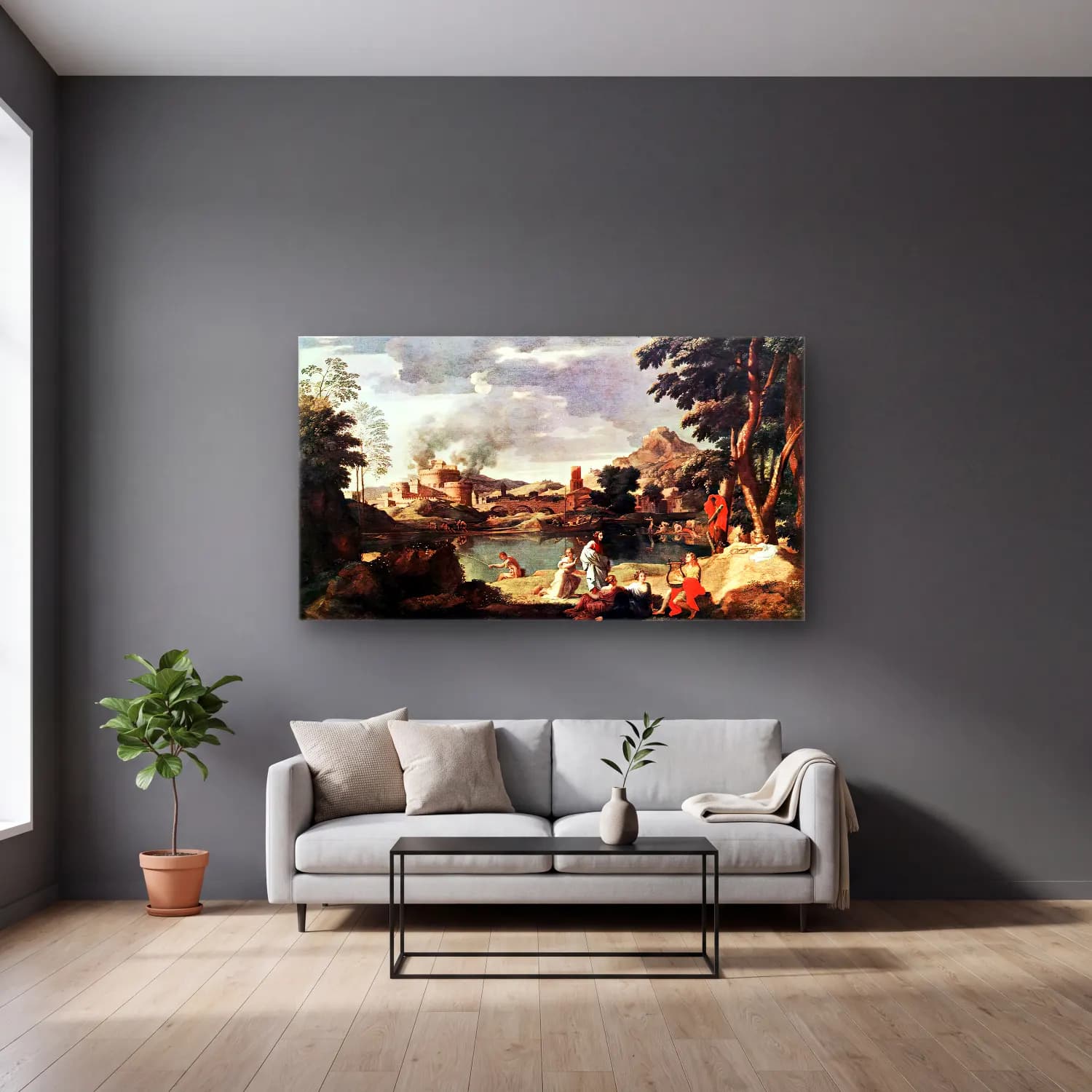 Nicolas Poussin – Landscape with Orpheus and Euridice cam tablo — gri duvarlı salonda