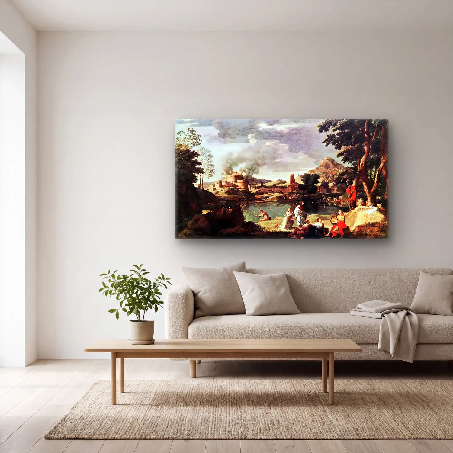 Nicolas Poussin – Landscape with Orpheus and Euridice cam tablo — açık renk salonda