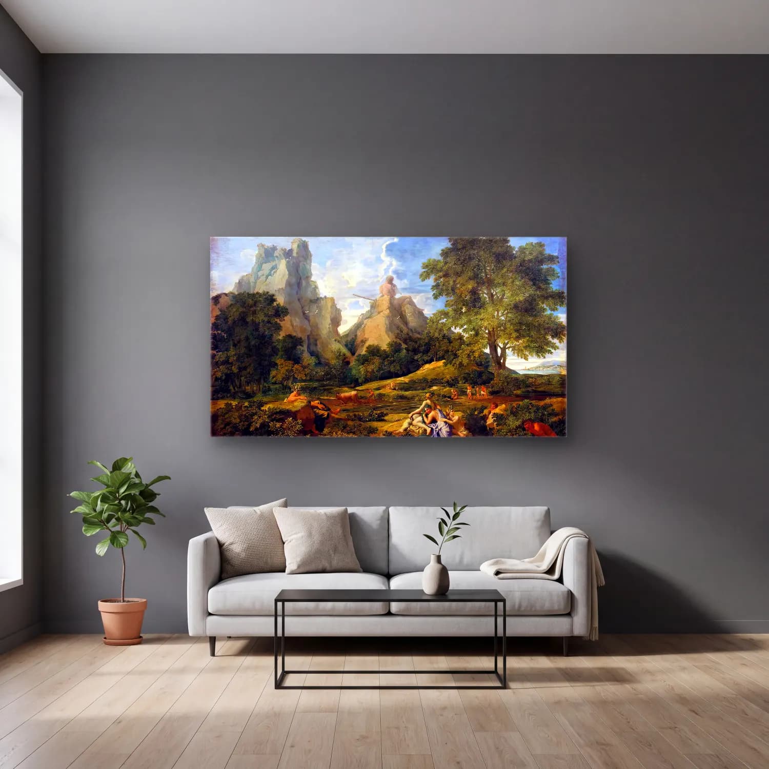 Nicolas Poussin – Landscape with Polyphemus cam tablo — gri duvarlı salonda