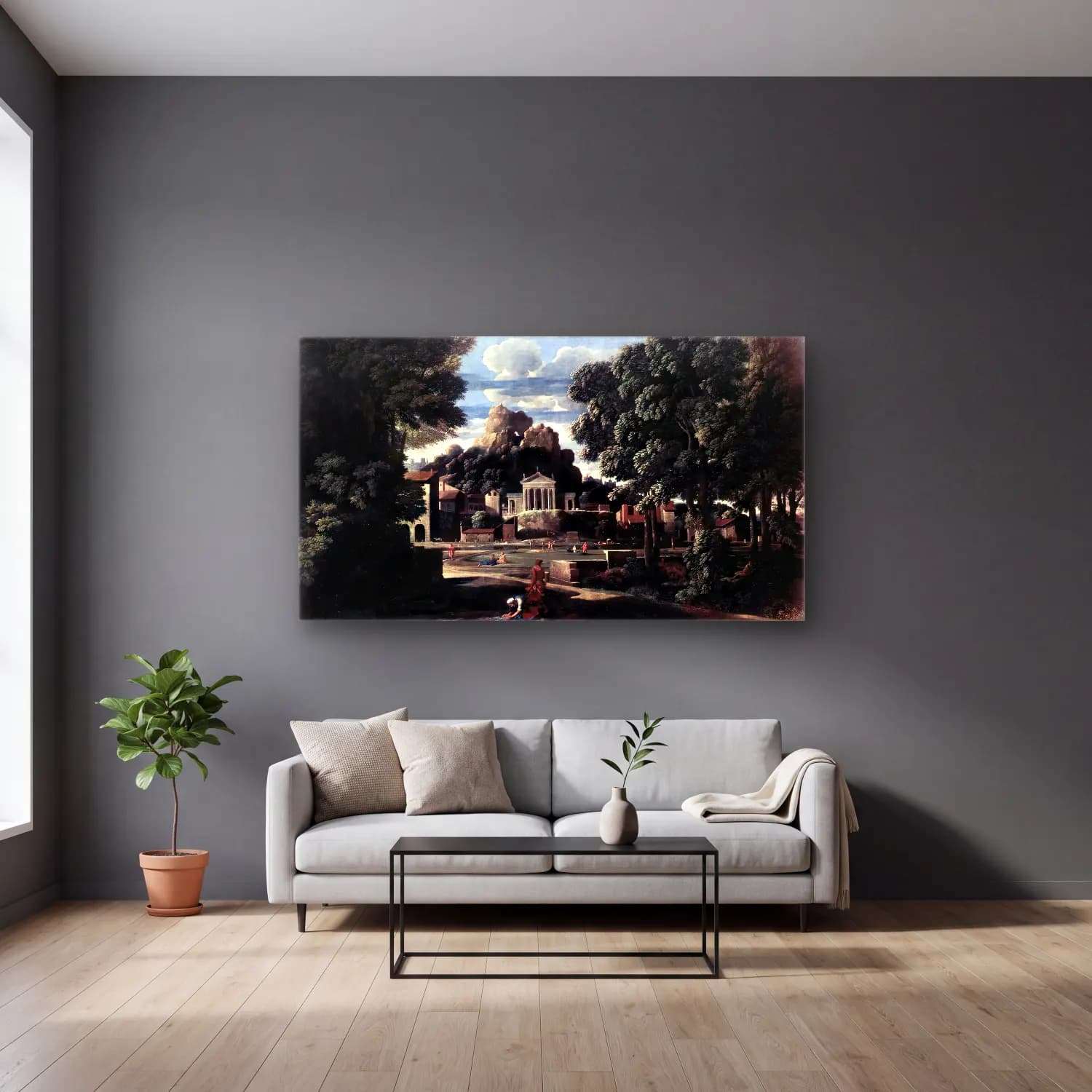 Nicolas Poussin – Landscape with the Gathering of the Ashes of Phocion by his… cam tablo — gri duvarlı salonda