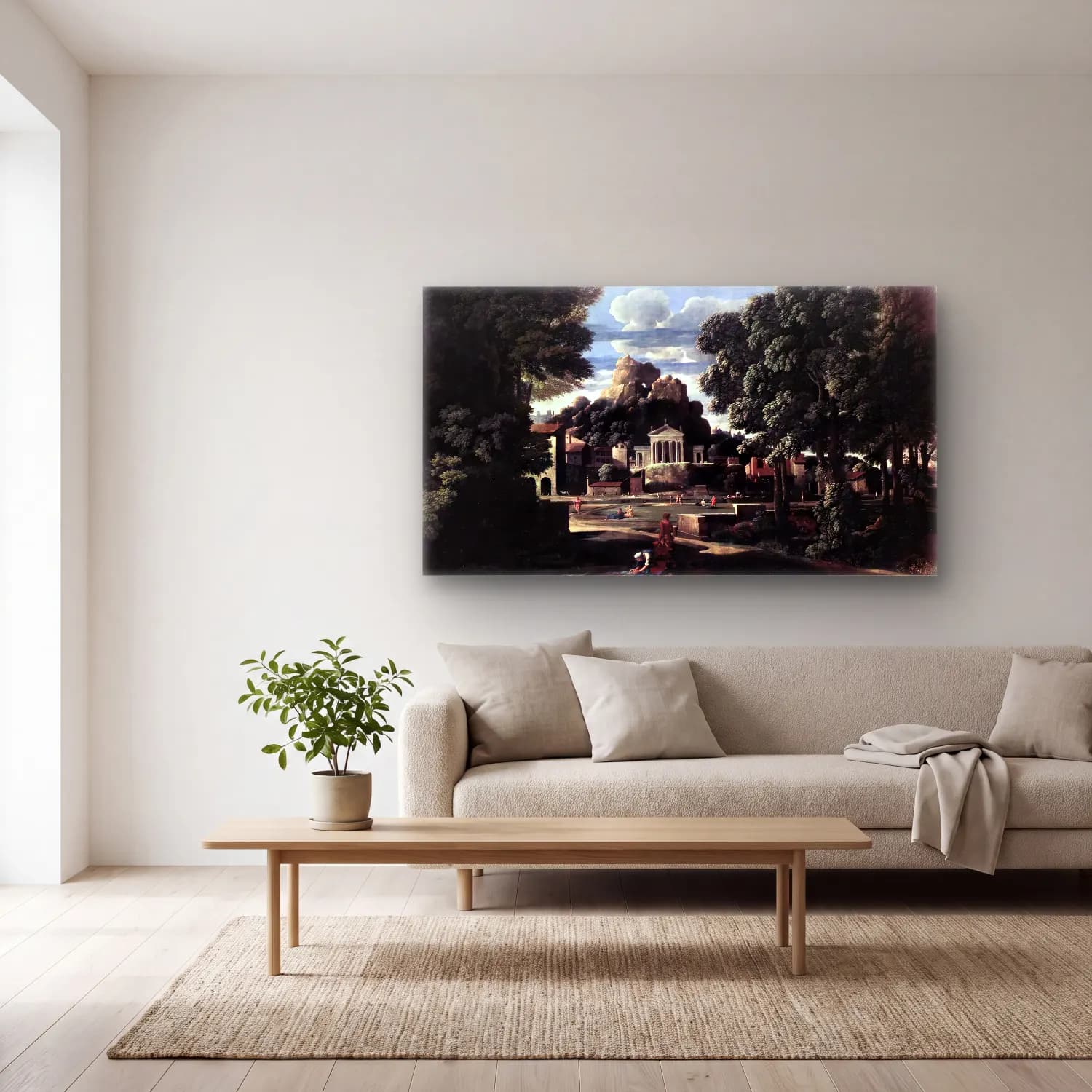 Nicolas Poussin – Landscape with the Gathering of the Ashes of Phocion by his… cam tablo — açık renk salonda