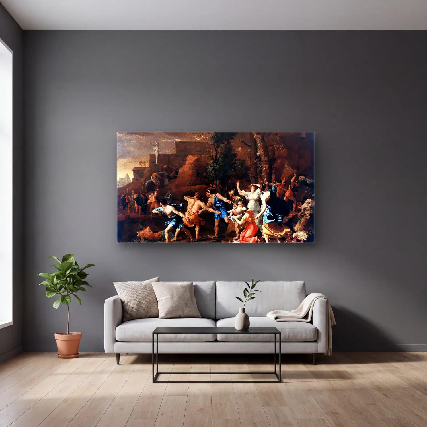 Nicolas Poussin – Rescue of Young King Pyrrhus cam tablo — gri duvarlı salonda