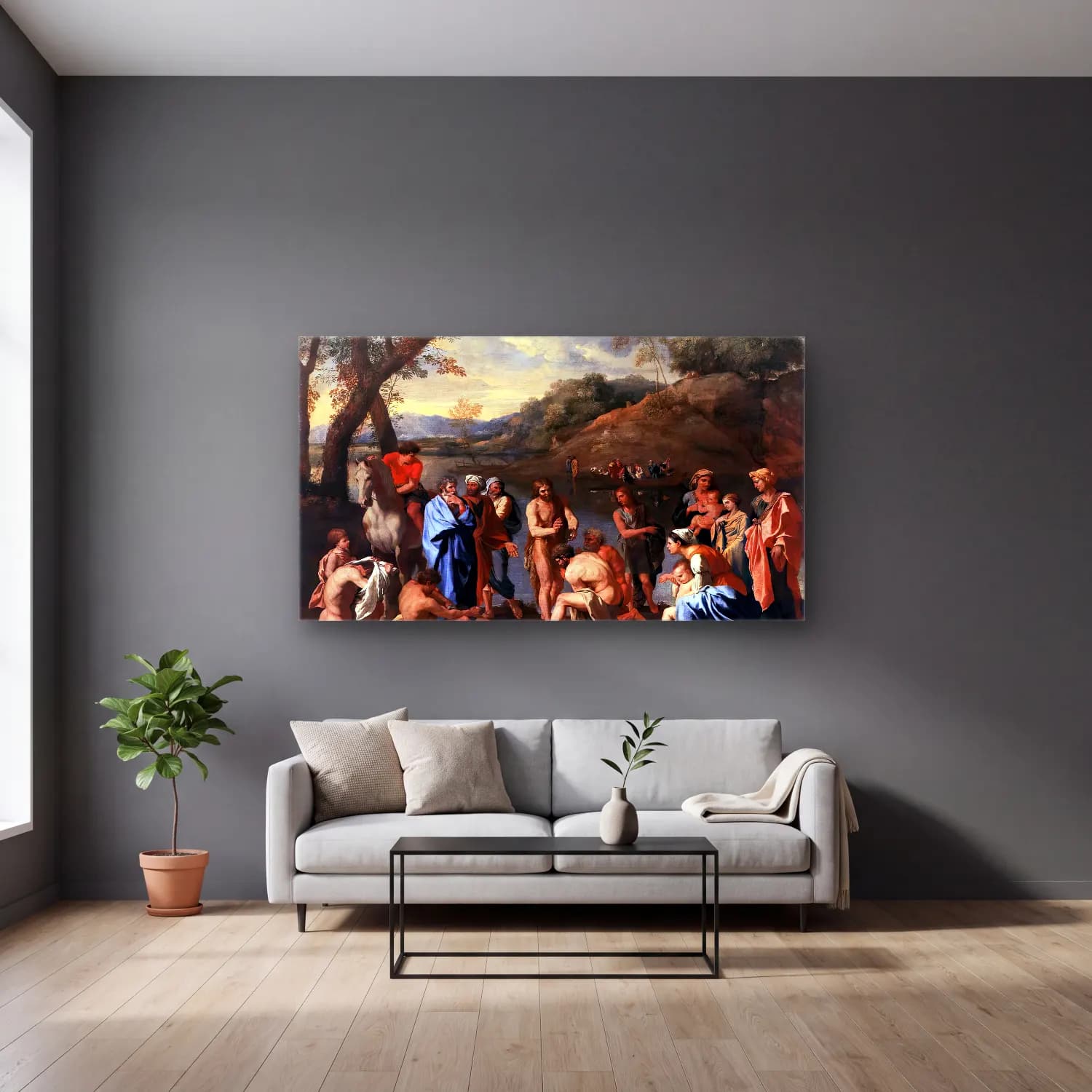Nicolas Poussin – St John the Baptist Baptizes the People cam tablo — gri duvarlı salonda