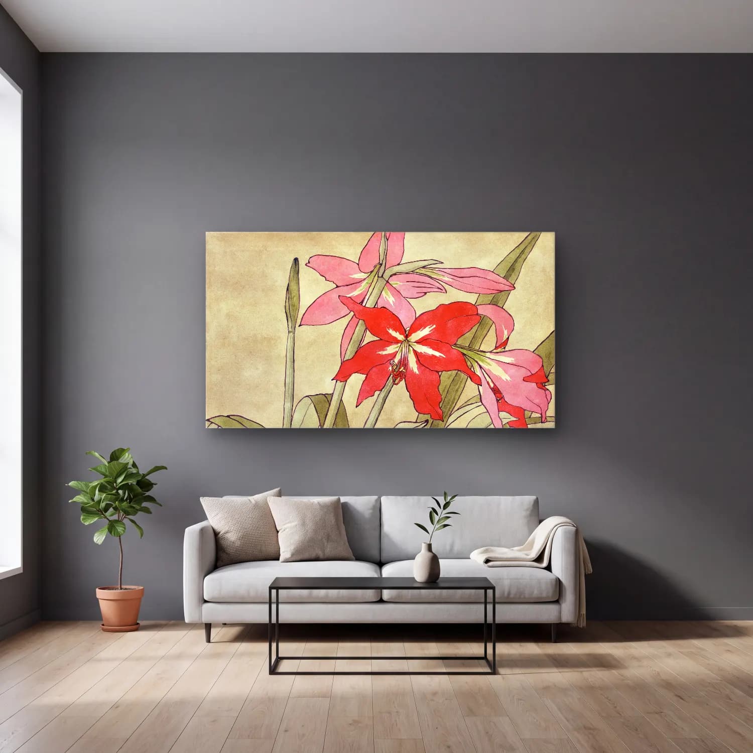 Hannah Borger Overbeck – Amaryllis cam tablo — gri duvarlı salonda