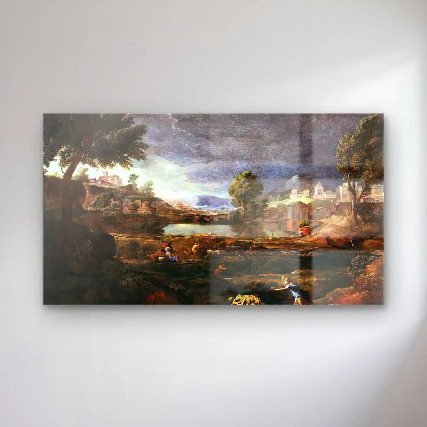 Nicolas Poussin – Stormy Landscape with Pyramus and Thisbe cam tablo — Nicolas Poussin – Stormy Landscape with Pyramus and Thisbe — yağlı boya mitolojik sahne