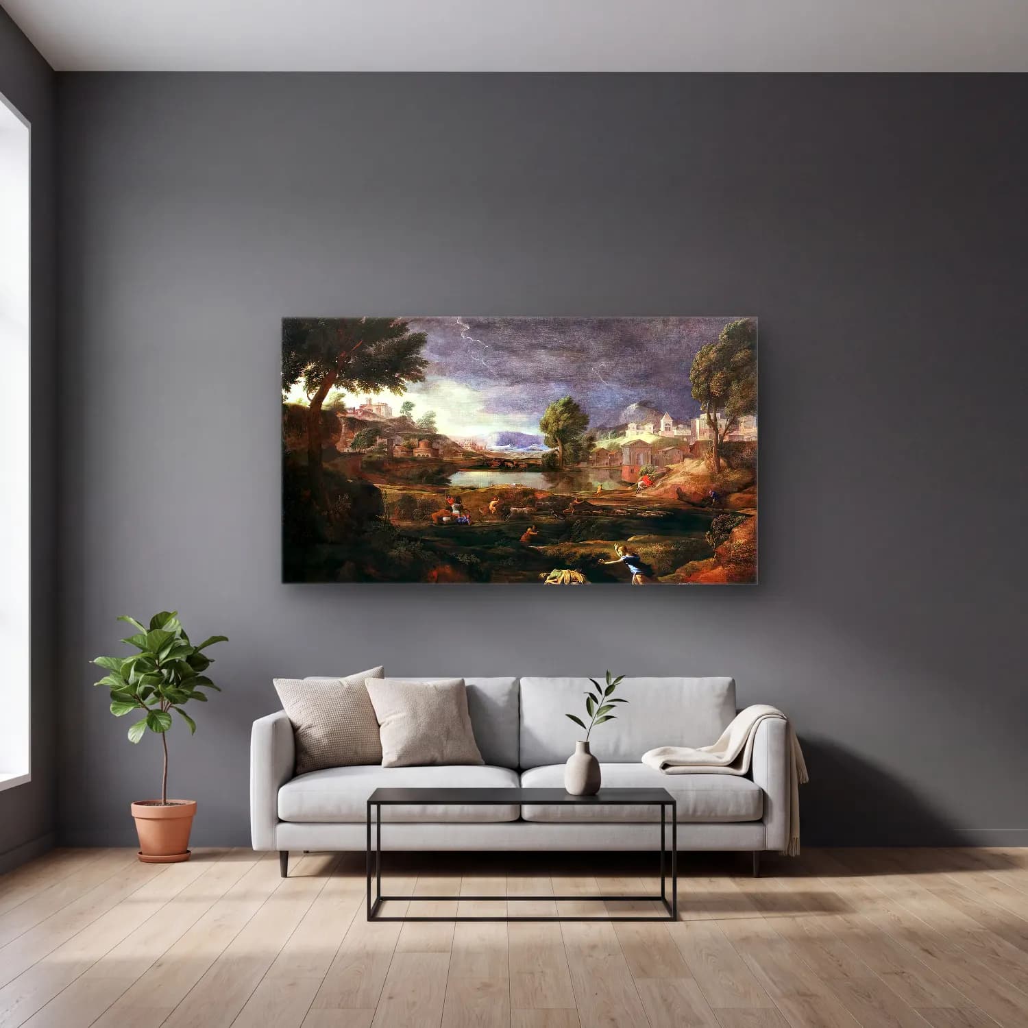 Nicolas Poussin – Stormy Landscape with Pyramus and Thisbe cam tablo — gri duvarlı salonda
