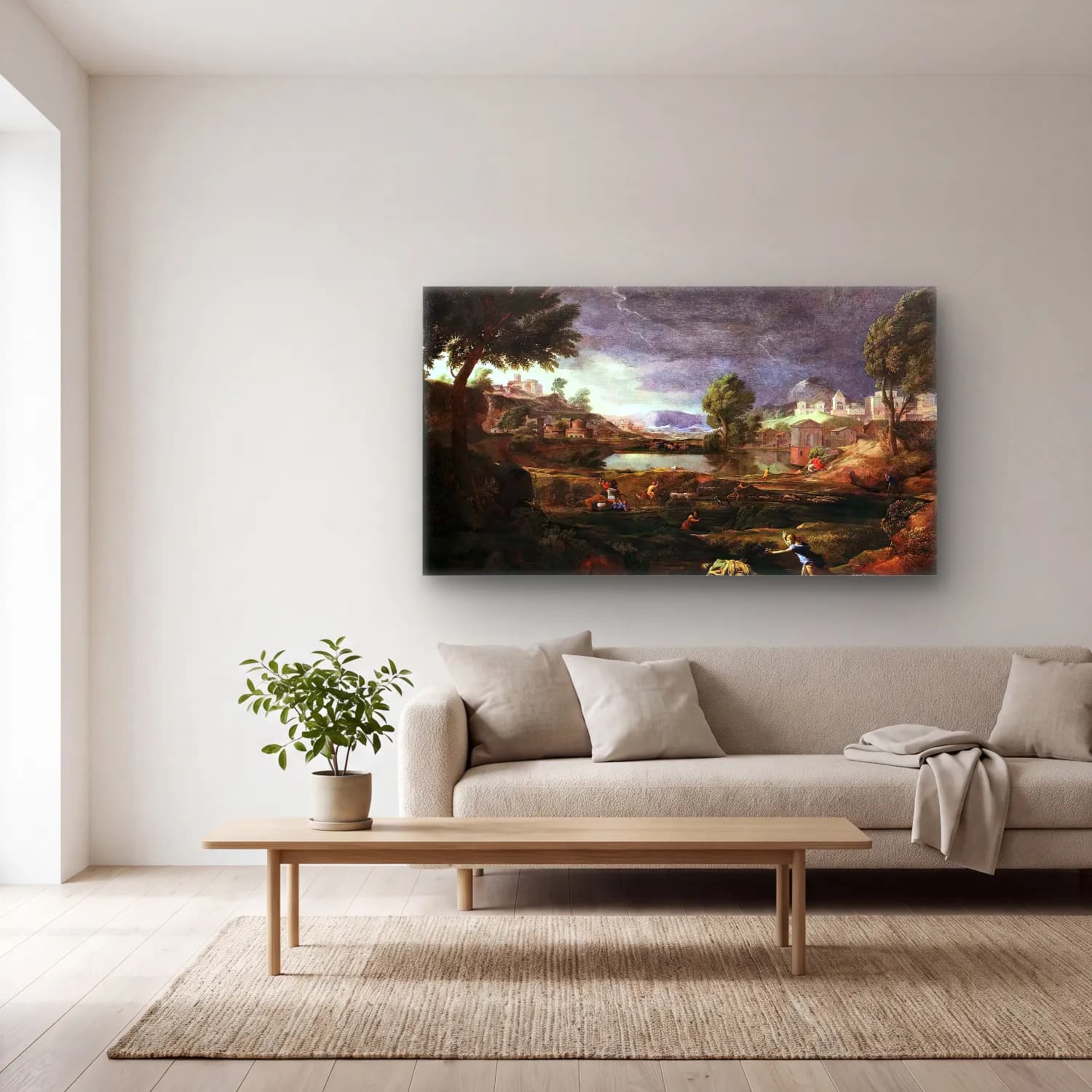 Nicolas Poussin – Stormy Landscape with Pyramus and Thisbe cam tablo — açık renk salonda
