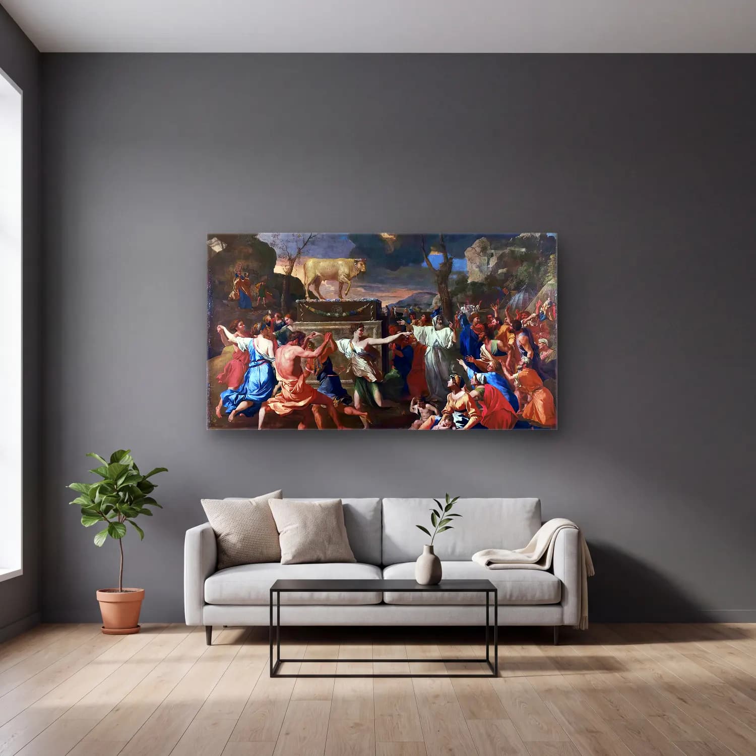 Nicolas Poussin – The Adoration of the Golden Calf cam tablo — gri duvarlı salonda