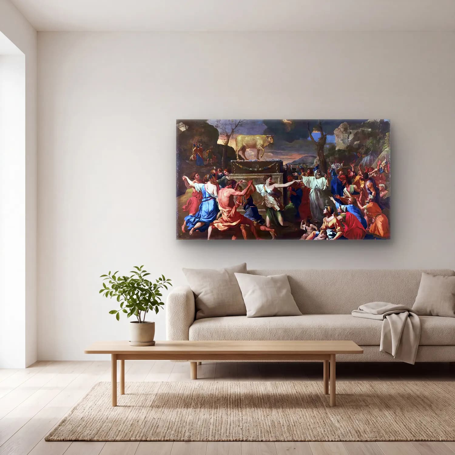 Nicolas Poussin – The Adoration of the Golden Calf cam tablo — açık renk salonda