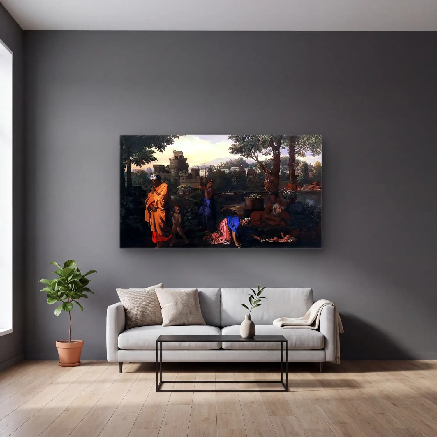 Nicolas Poussin – The Exposition of Moses cam tablo — gri duvarlı salonda