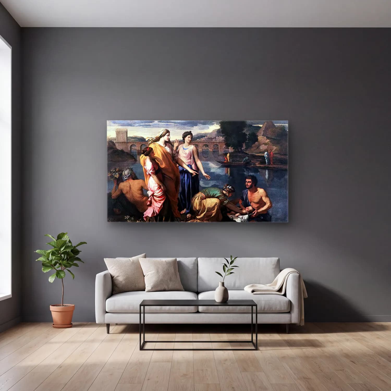 Nicolas Poussin – The Finding of Moses I cam tablo — gri duvarlı salonda