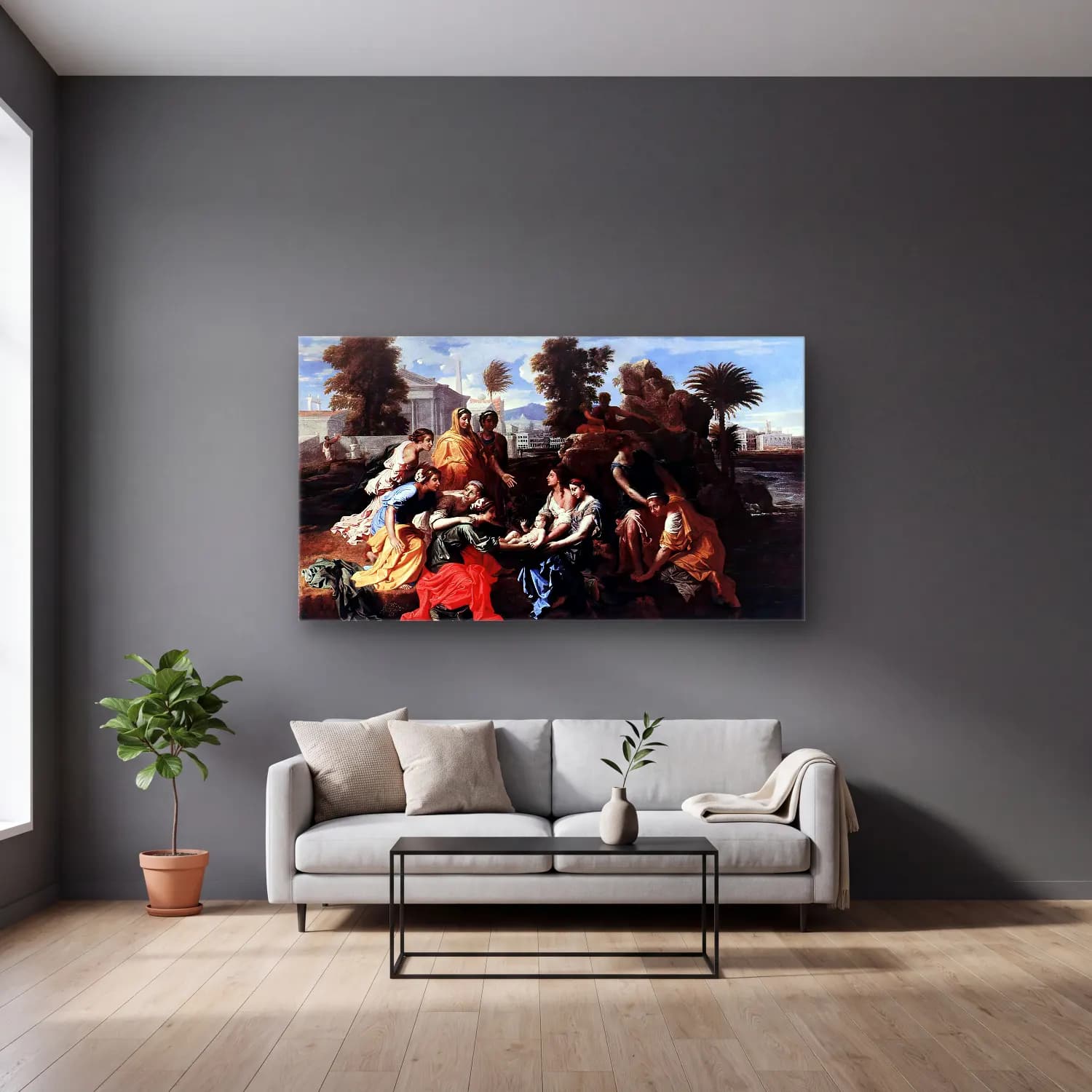 Nicolas Poussin – The Finding of Moses cam tablo — gri duvarlı salonda