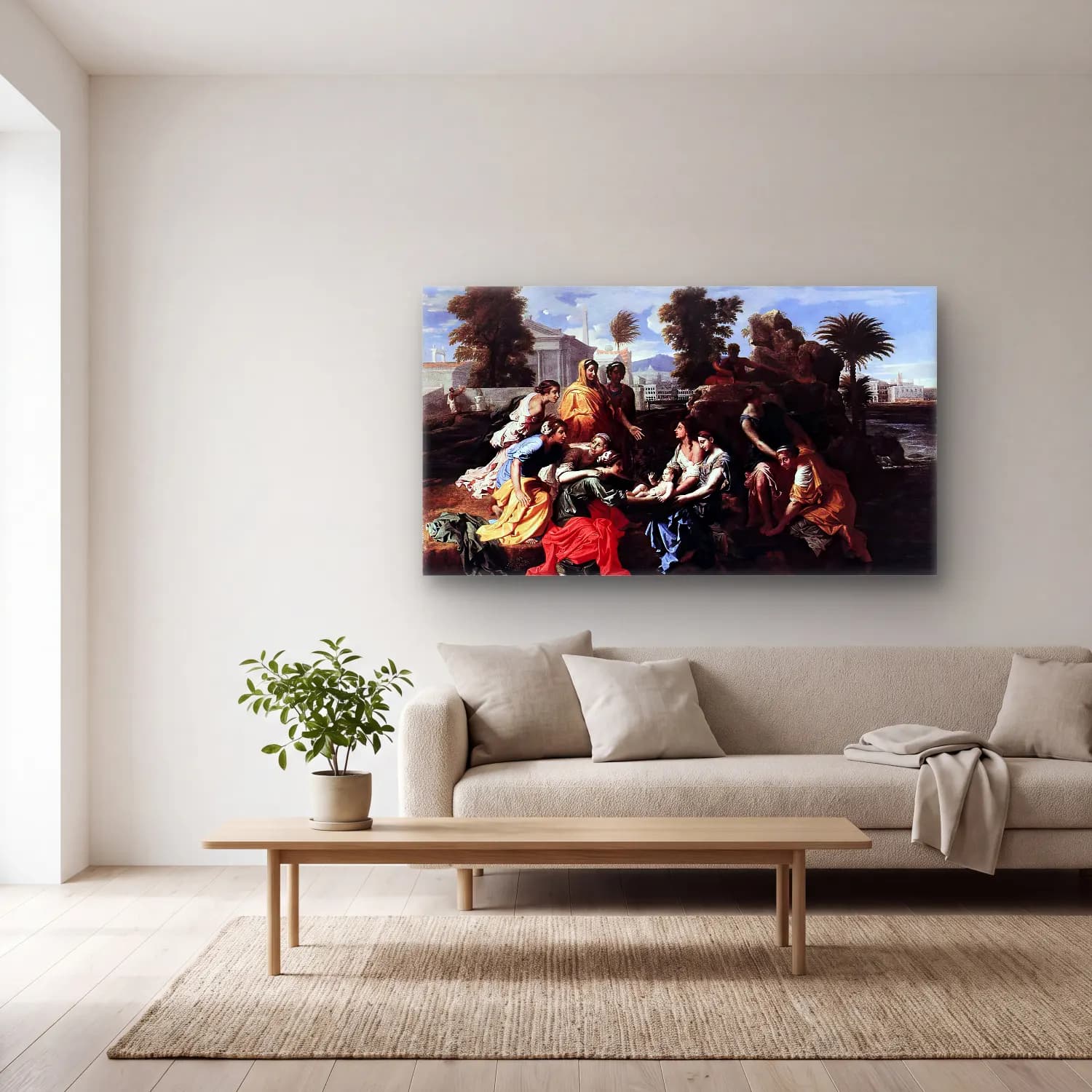 Nicolas Poussin – The Finding of Moses cam tablo — açık renk salonda