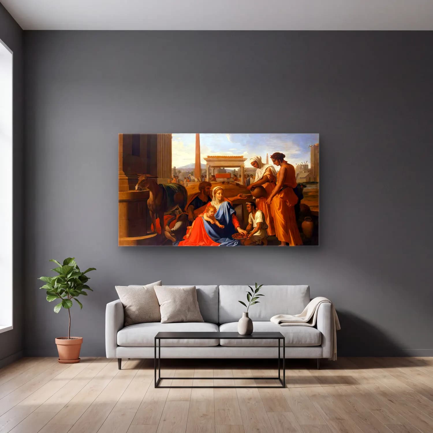 Nicolas Poussin – The Holy Family in Egypt cam tablo — gri duvarlı salonda