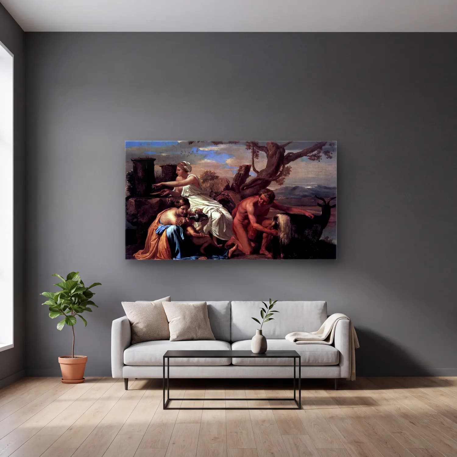 Nicolas Poussin – The Infant Jupiter Nurtured by the Goat Amalthea cam tablo — gri duvarlı salonda