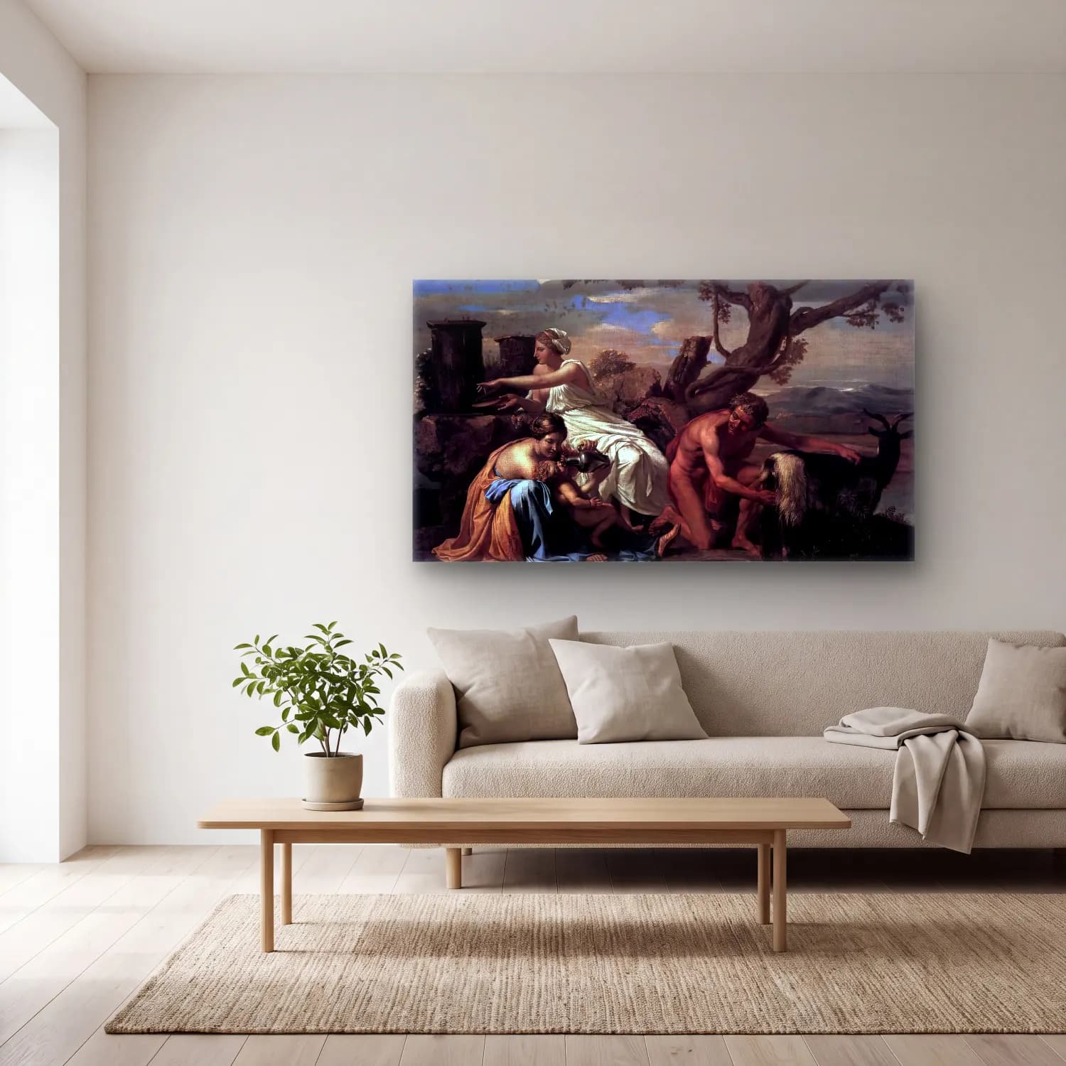 Nicolas Poussin – The Infant Jupiter Nurtured by the Goat Amalthea cam tablo — açık renk salonda