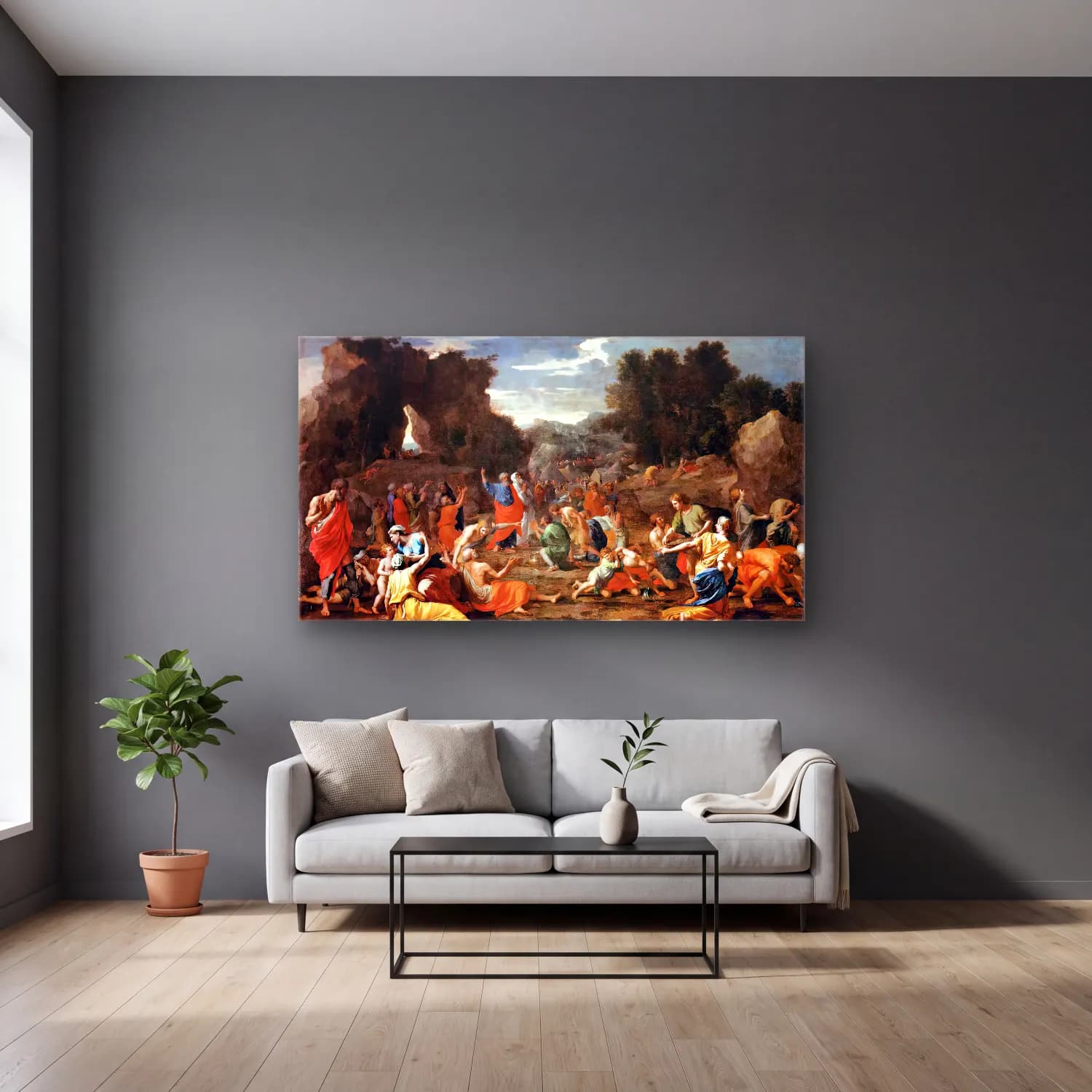 Nicolas Poussin – The Jews Gathering the Manna in the Desert cam tablo — gri duvarlı salonda