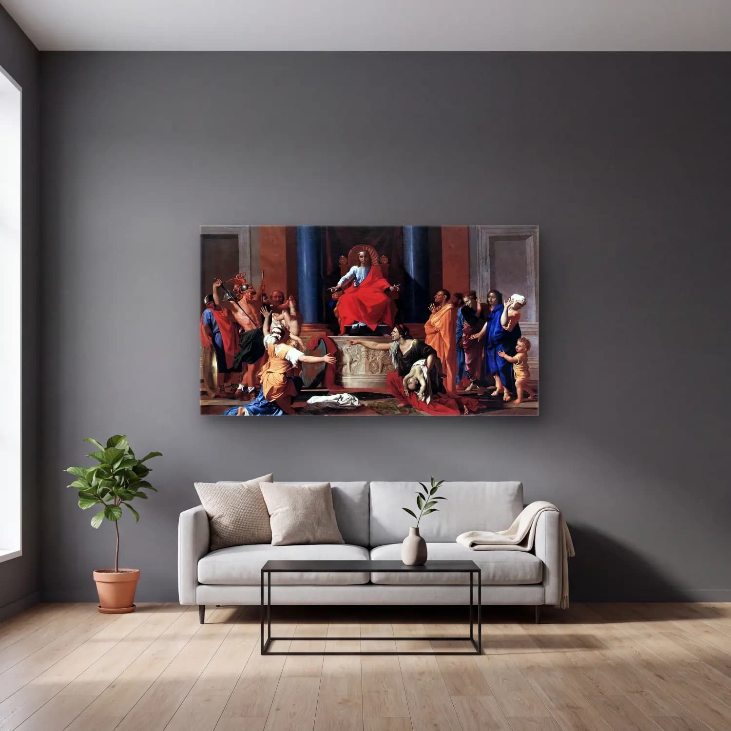 Nicolas Poussin – The Judgment of Solomon cam tablo — gri duvarlı salonda