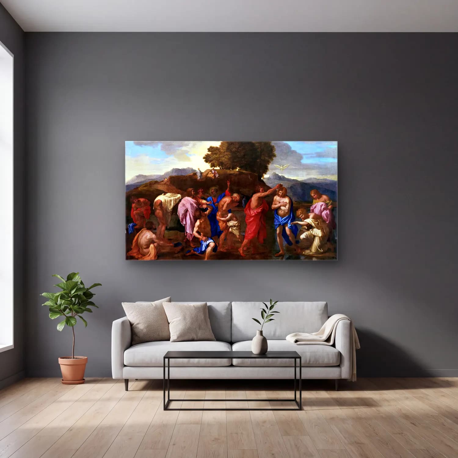 Nicolas Poussin – The Seven Sacraments I Baptism cam tablo — gri duvarlı salonda