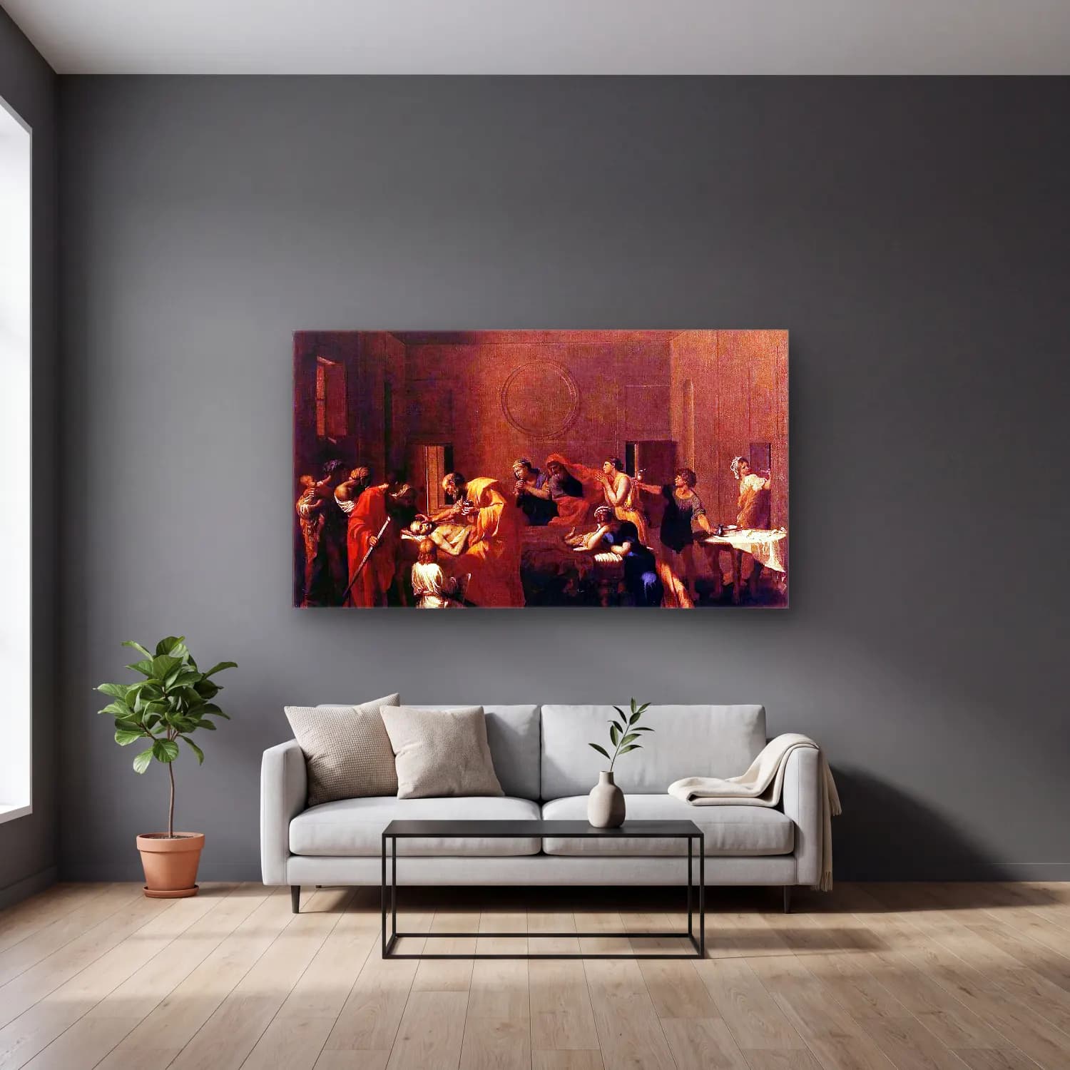 Nicolas Poussin – The Seven Sacraments I Extreme Unction cam tablo — gri duvarlı salonda