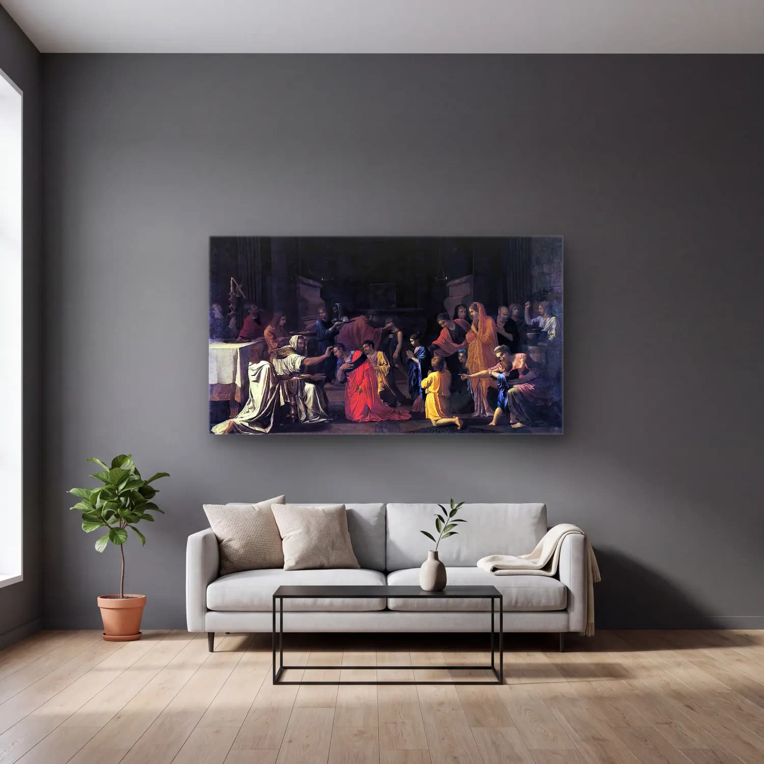 Nicolas Poussin – The Seven Sacraments Ii Confirmation cam tablo — gri duvarlı salonda