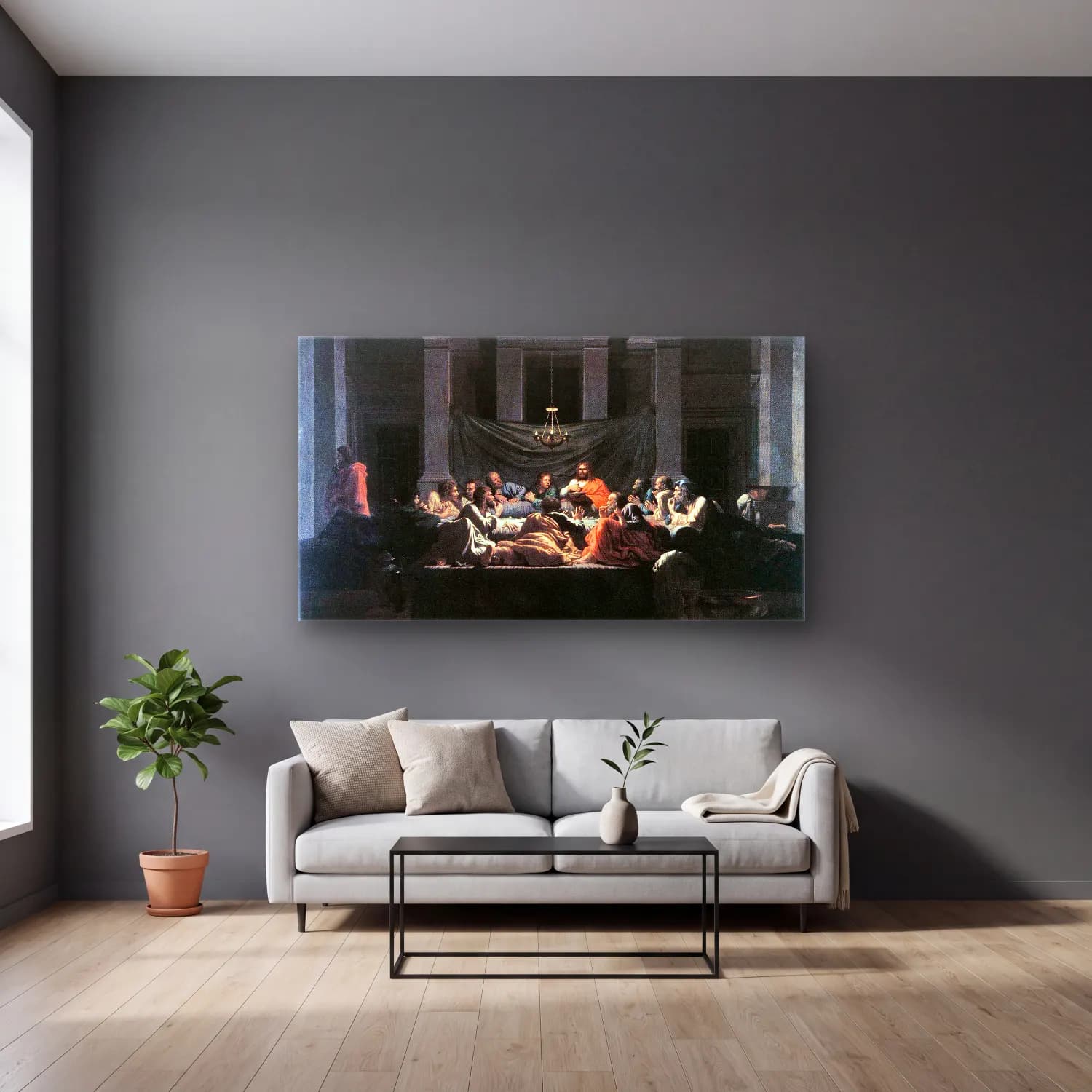 Nicolas Poussin – The Seven Sacraments Ii Eucharist cam tablo — gri duvarlı salonda