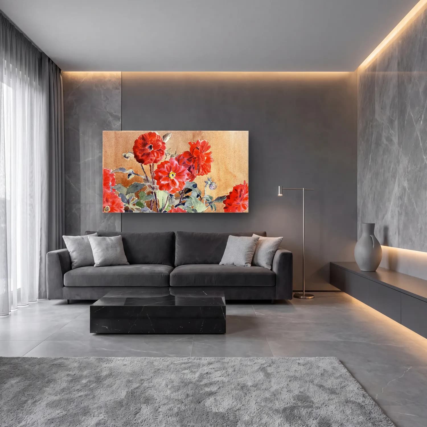 Hannah Borger Overbeck – Dahlias cam tablo — lüks salon duvarında