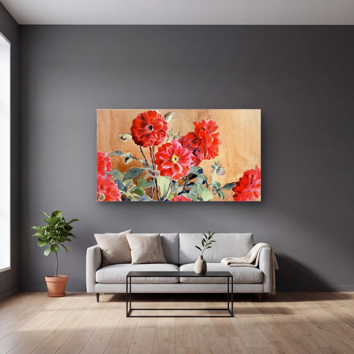 Hannah Borger Overbeck – Dahlias cam tablo — gri duvarlı salonda