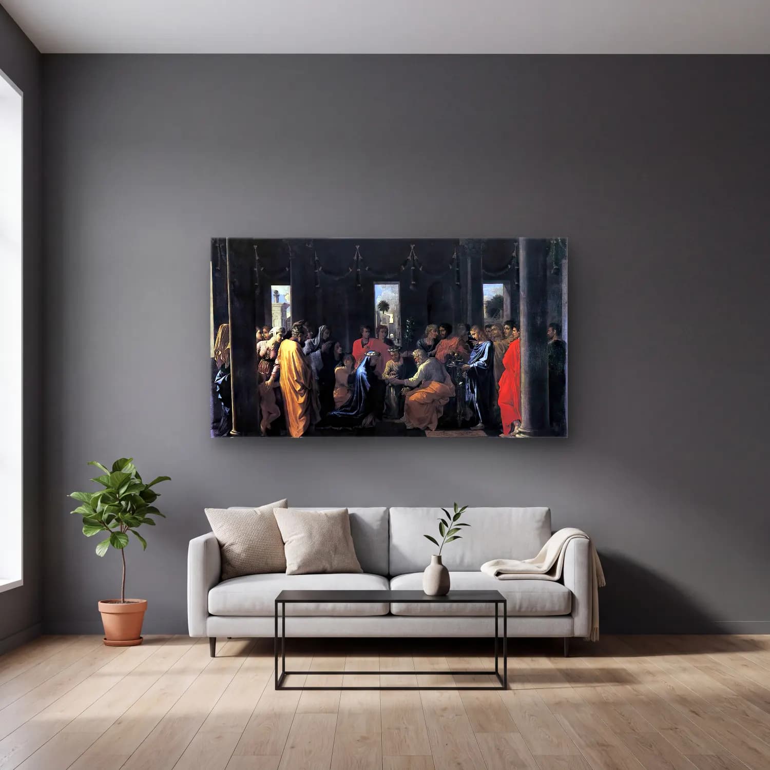 Nicolas Poussin – The Seven Sacraments Ii Marriage cam tablo — gri duvarlı salonda