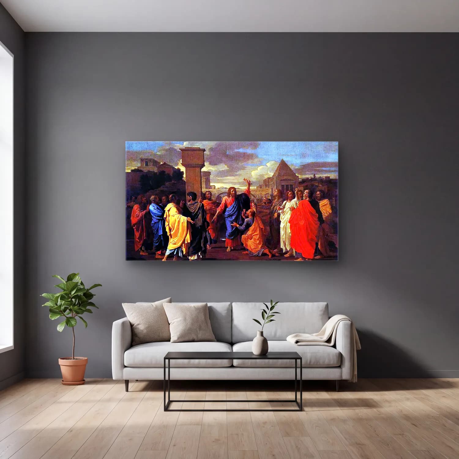 Nicolas Poussin – The Seven Sacraments Ii Ordination cam tablo — gri duvarlı salonda