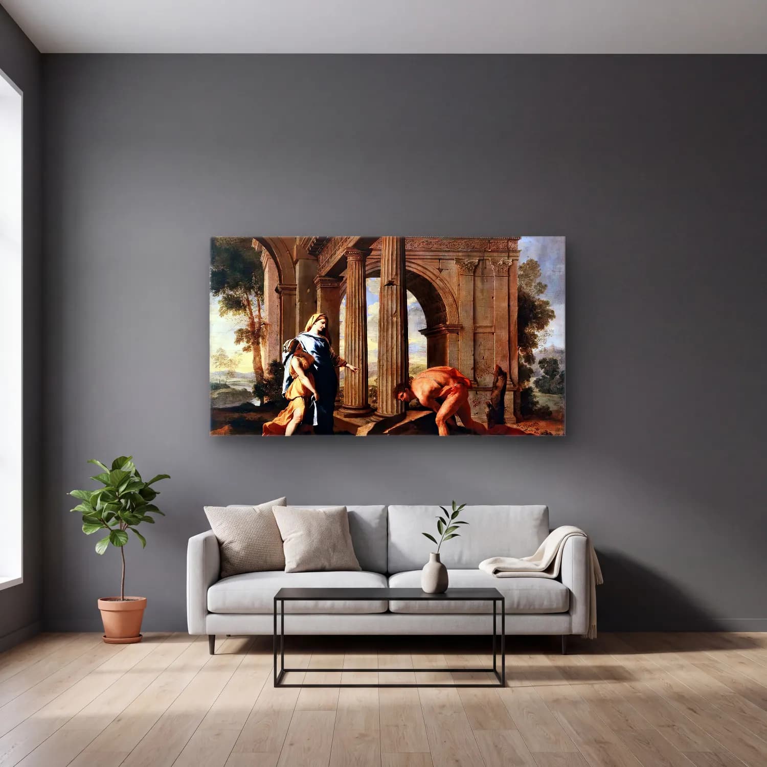Nicolas Poussin – Theseus Finding His Father s Sword cam tablo — gri duvarlı salonda