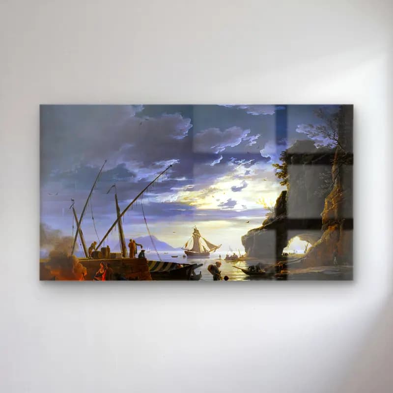 Claude-Joseph Vernet – Clair de Lune cam tablo — Claude-Joseph Vernet – Clair de Lune — yağlı boya liman ve tekneler