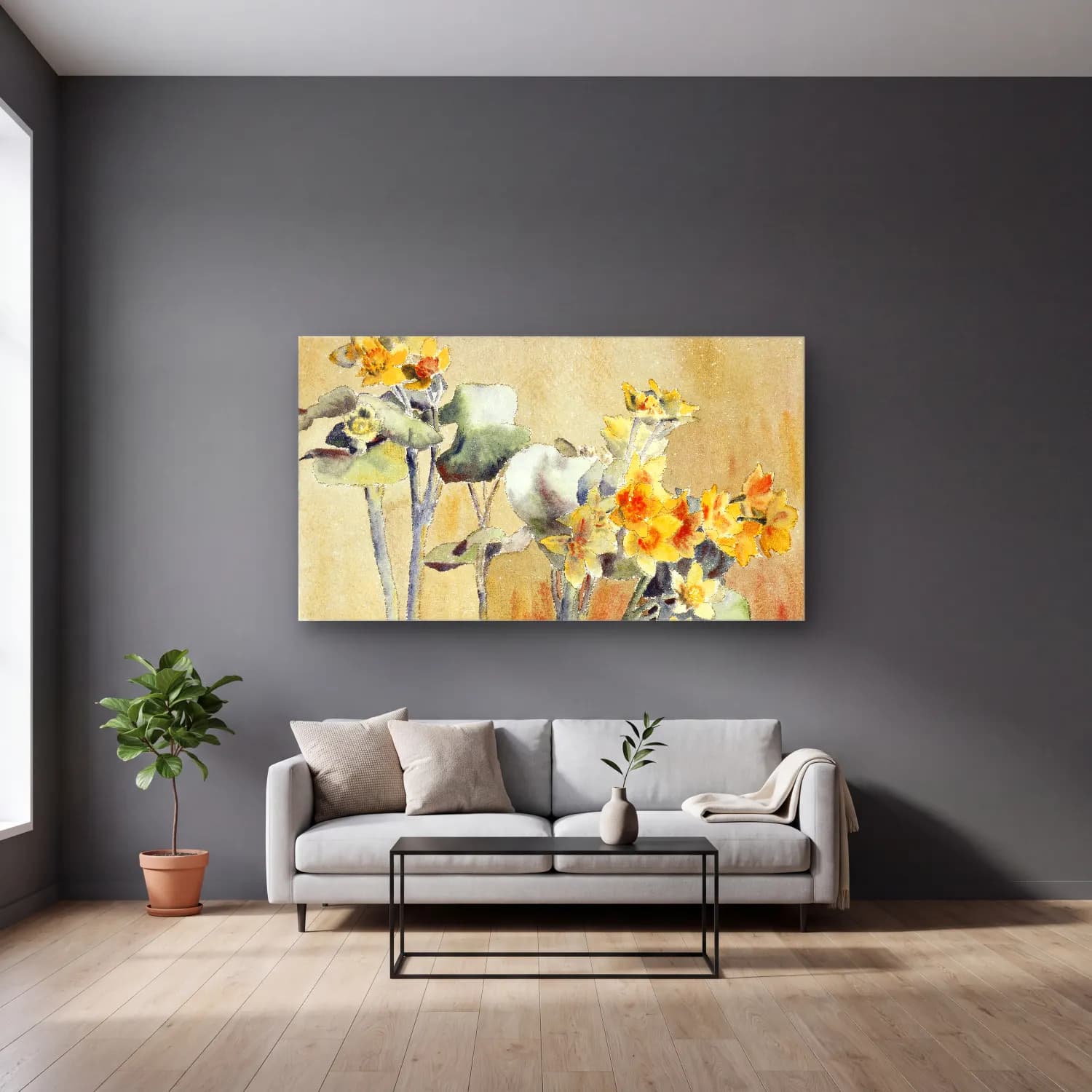 Hannah Borger Overbeck – Orange Flower without Margin cam tablo — gri duvarlı salonda