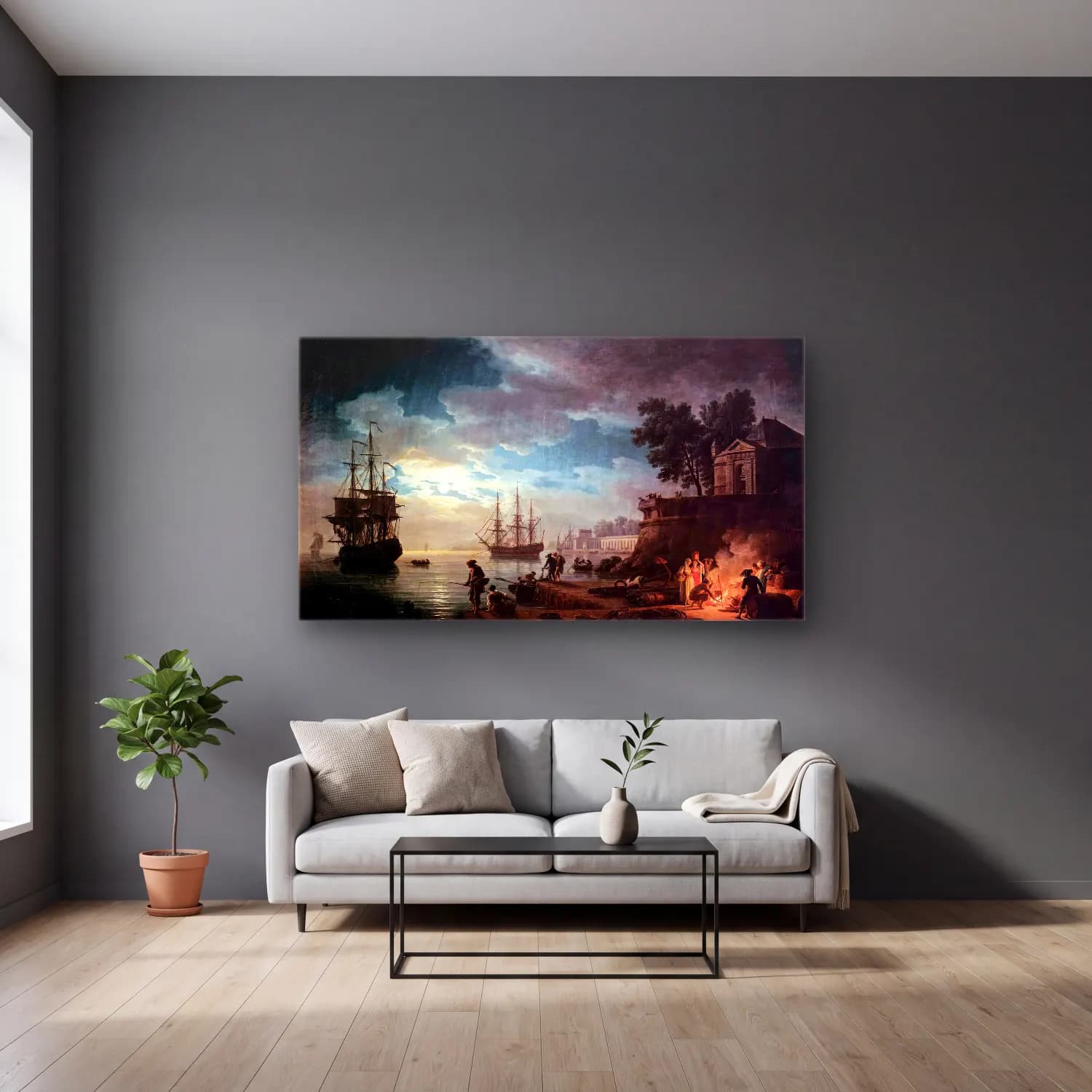 Claude-Joseph Vernet – Night Seaport cam tablo — gri duvarlı salonda
