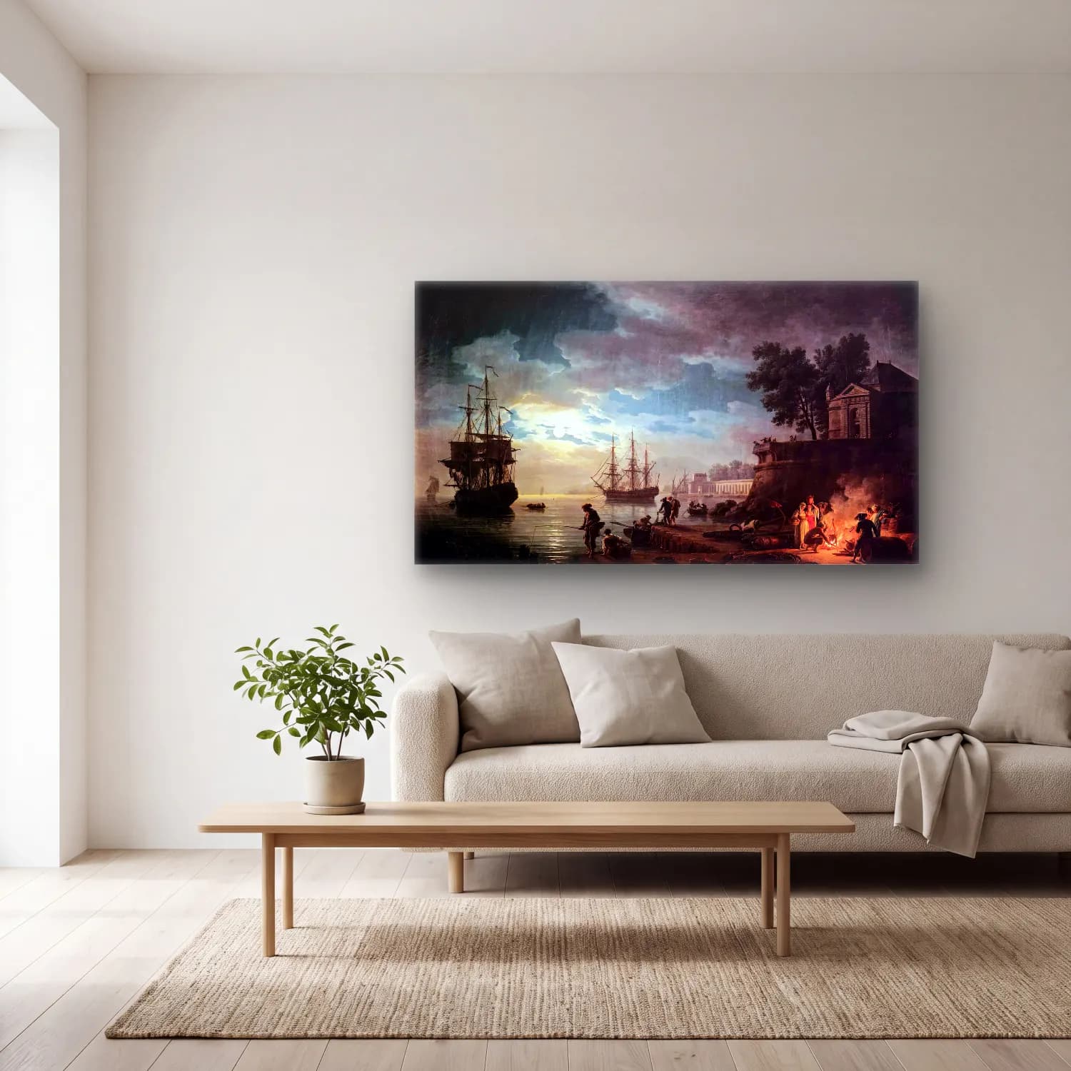 Claude-Joseph Vernet – Night Seaport cam tablo — açık renk salonda