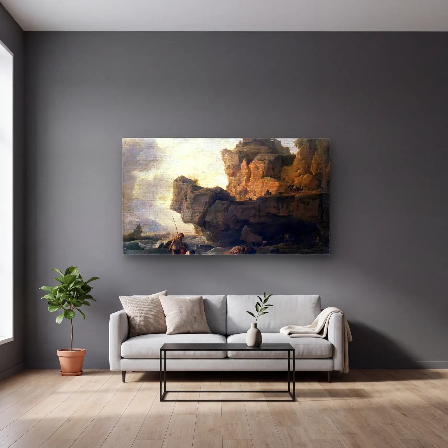 Claude-Joseph Vernet – Rocks on a Seashore cam tablo — gri duvarlı salonda