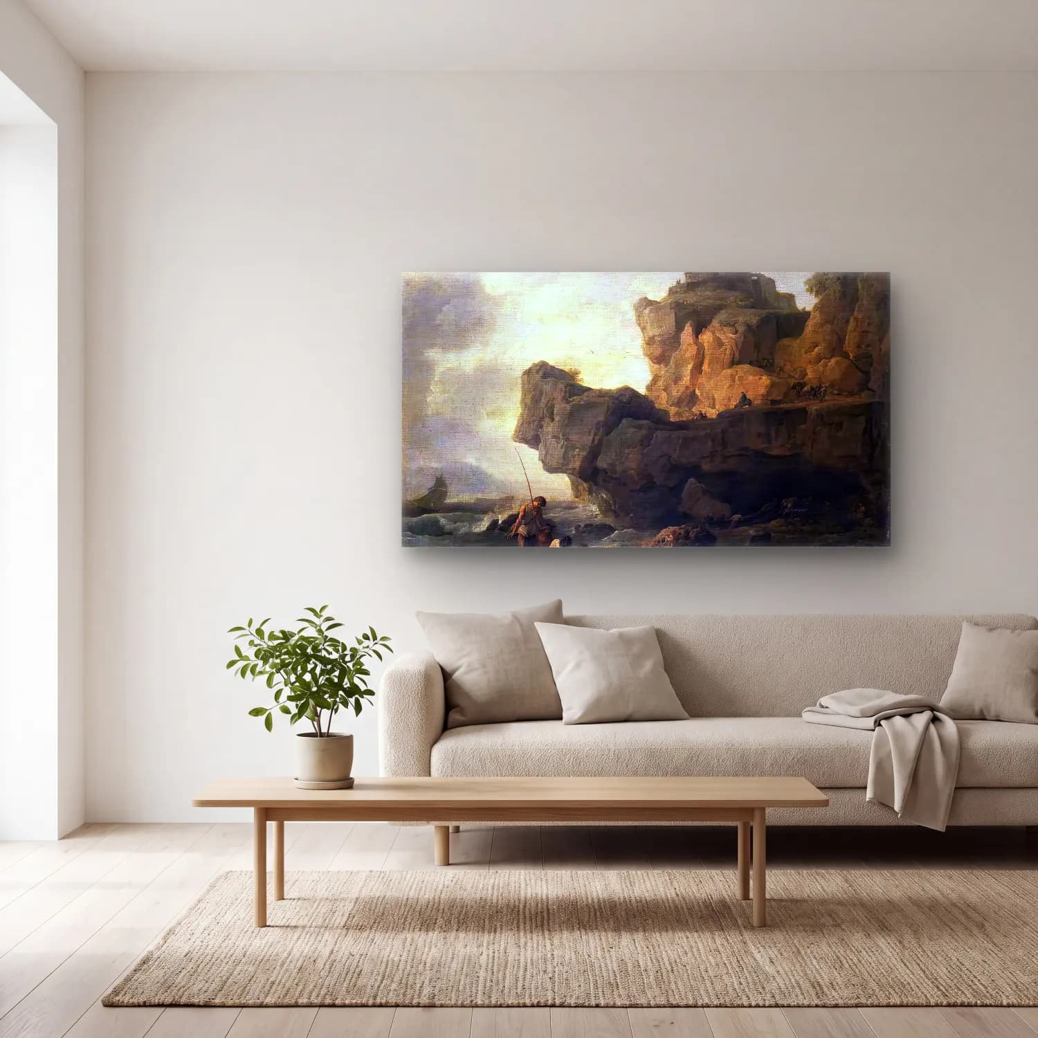 Claude-Joseph Vernet – Rocks on a Seashore cam tablo — açık renk salonda
