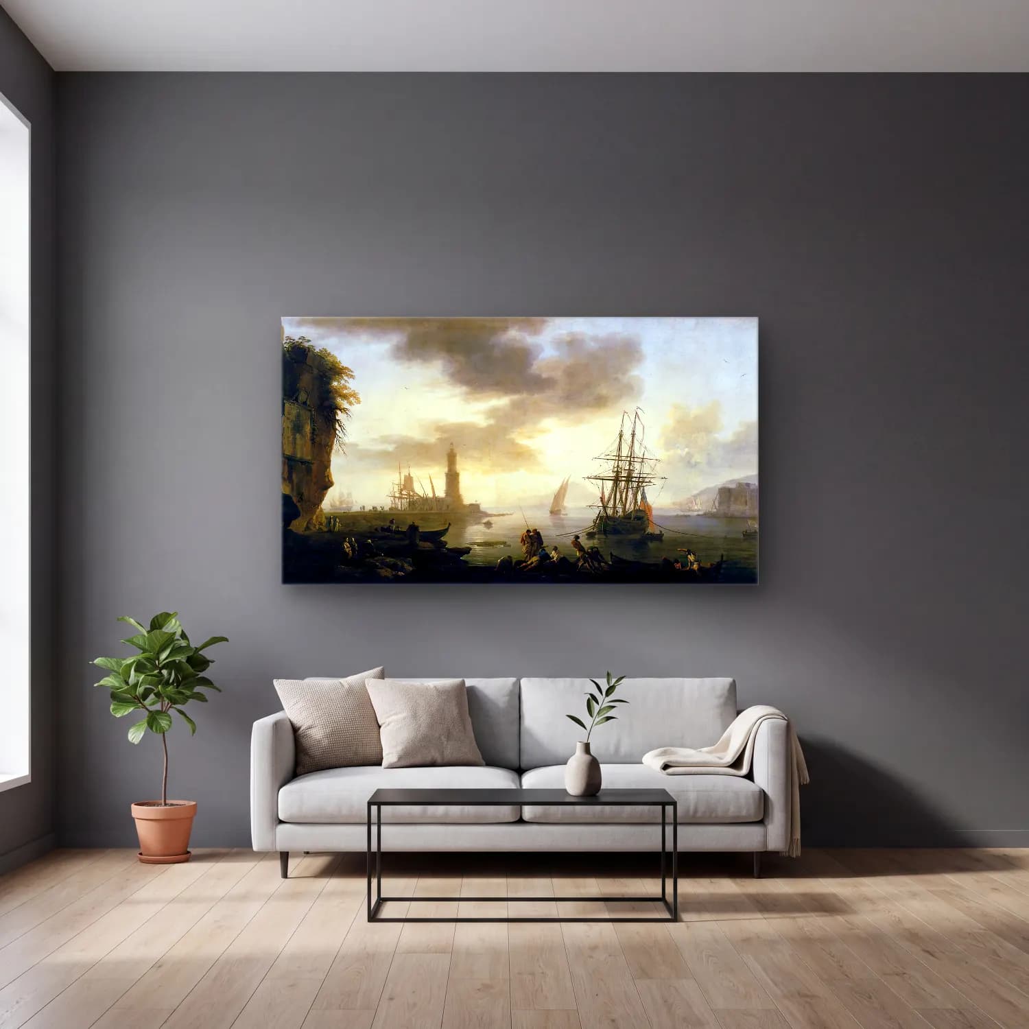 Claude-Joseph Vernet – Seascape Calm cam tablo — gri duvarlı salonda