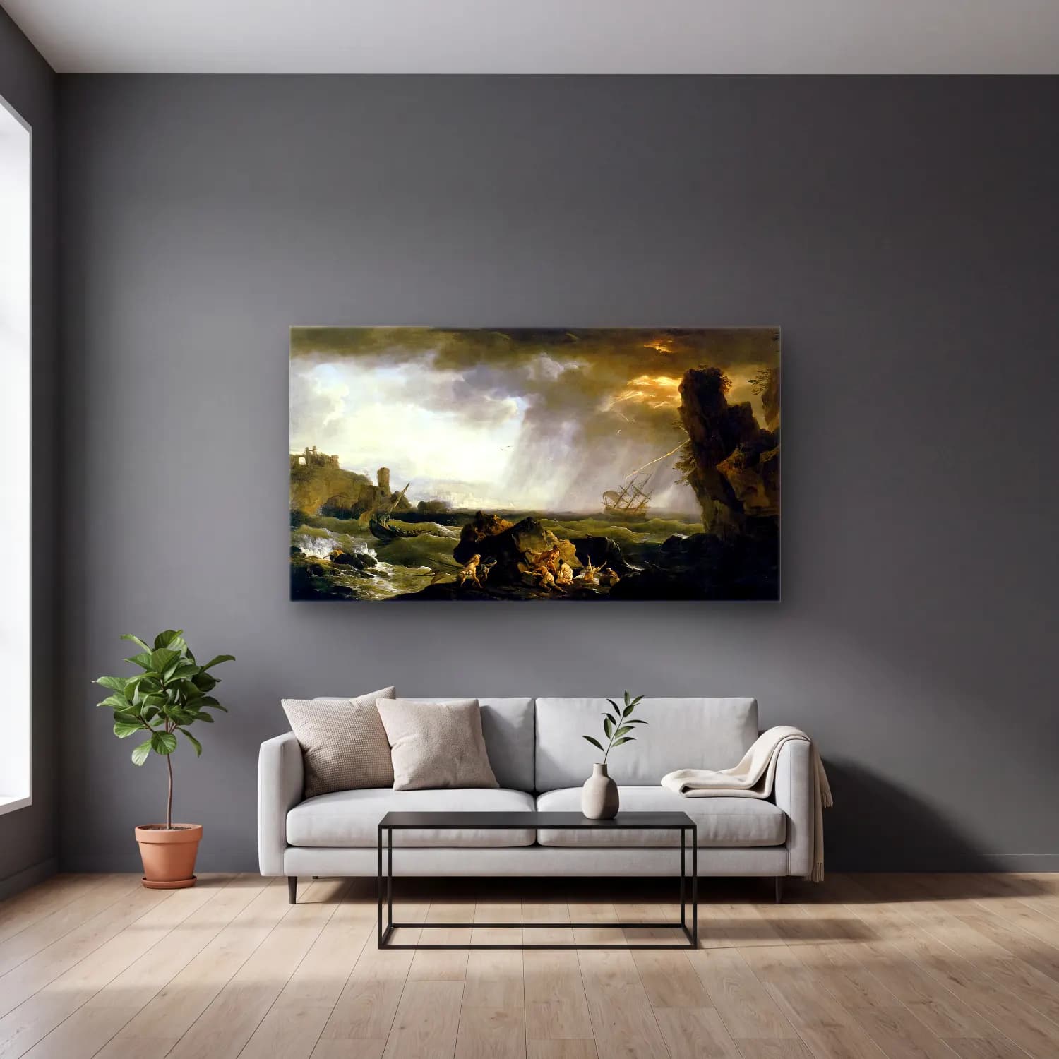 Claude-Joseph Vernet – Seascape Tempest cam tablo — gri duvarlı salonda