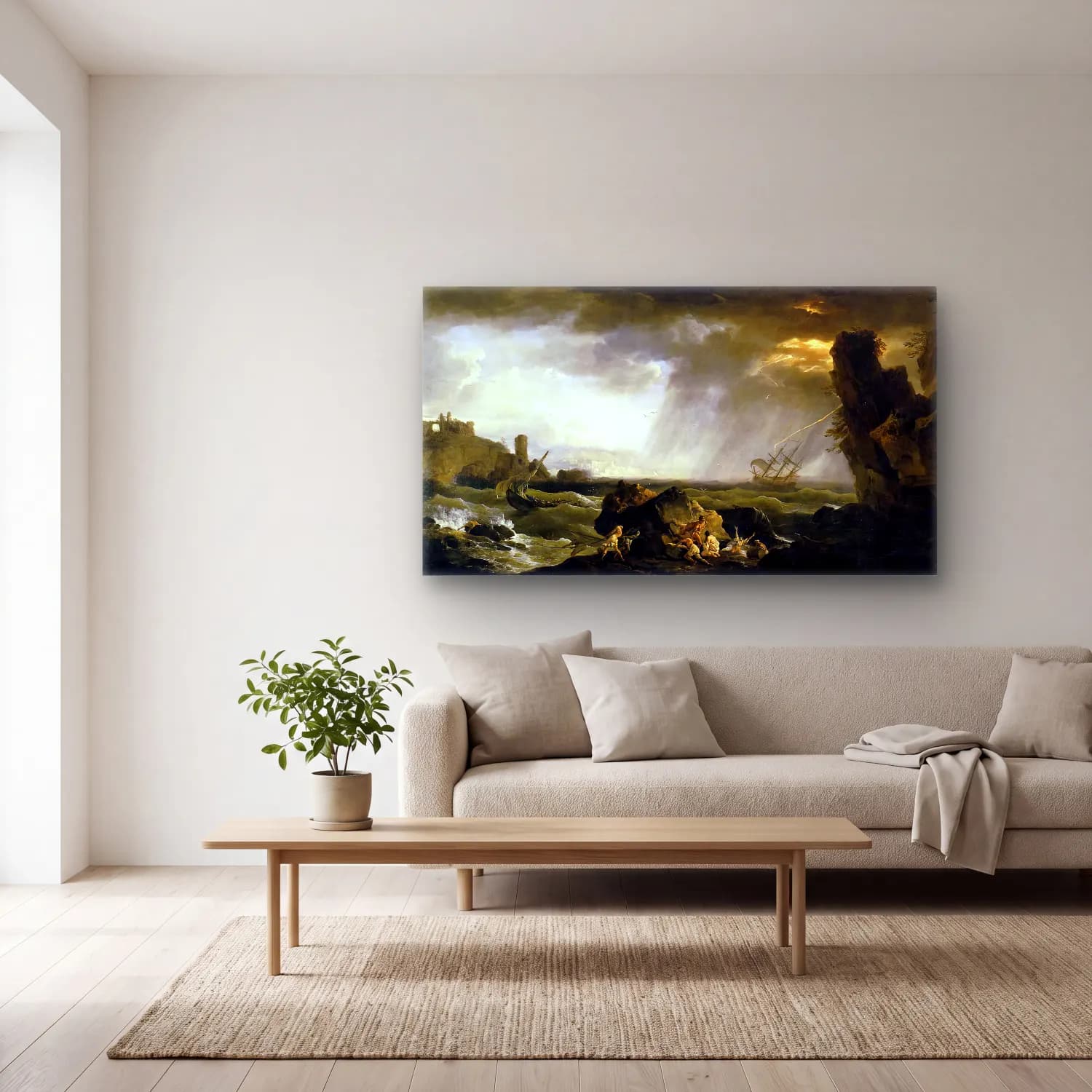 Claude-Joseph Vernet – Seascape Tempest cam tablo — açık renk salonda