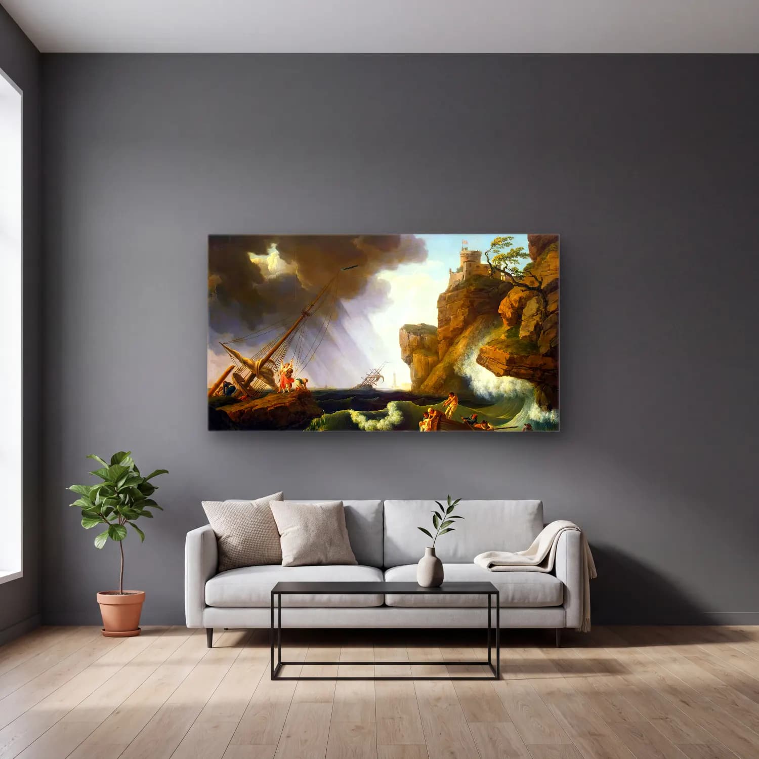 Claude-Joseph Vernet – Shipwreck cam tablo — gri duvarlı salonda