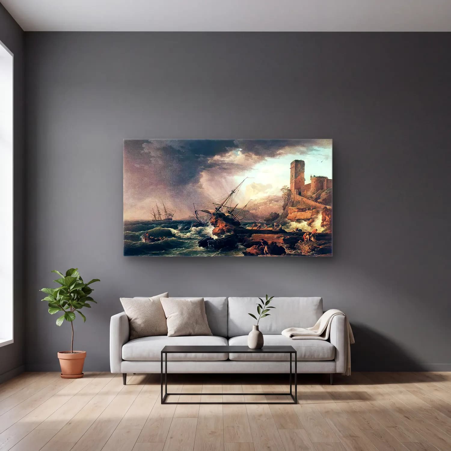 Claude-Joseph Vernet – Storm with a Shipwreck cam tablo — gri duvarlı salonda