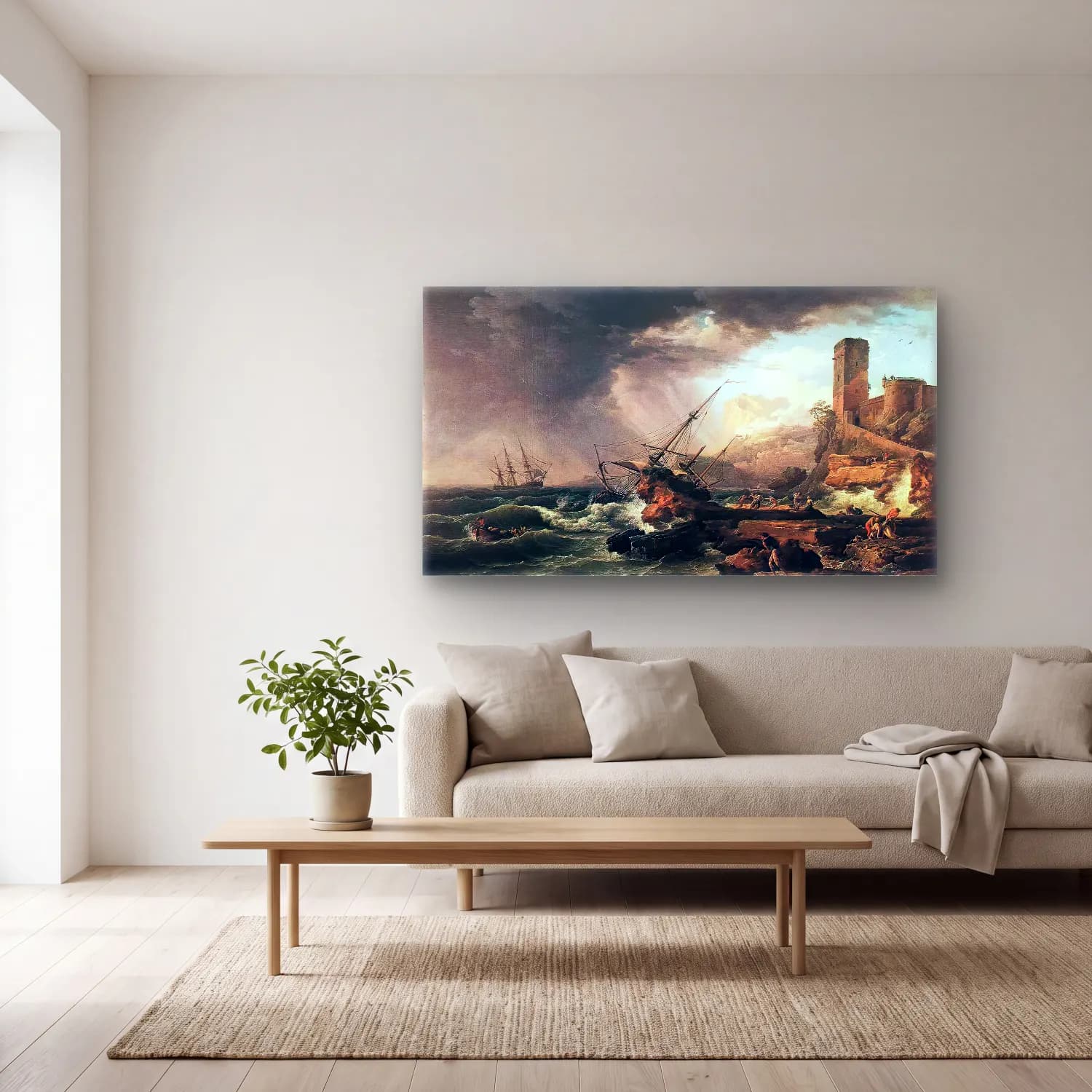 Claude-Joseph Vernet – Storm with a Shipwreck cam tablo — açık renk salonda