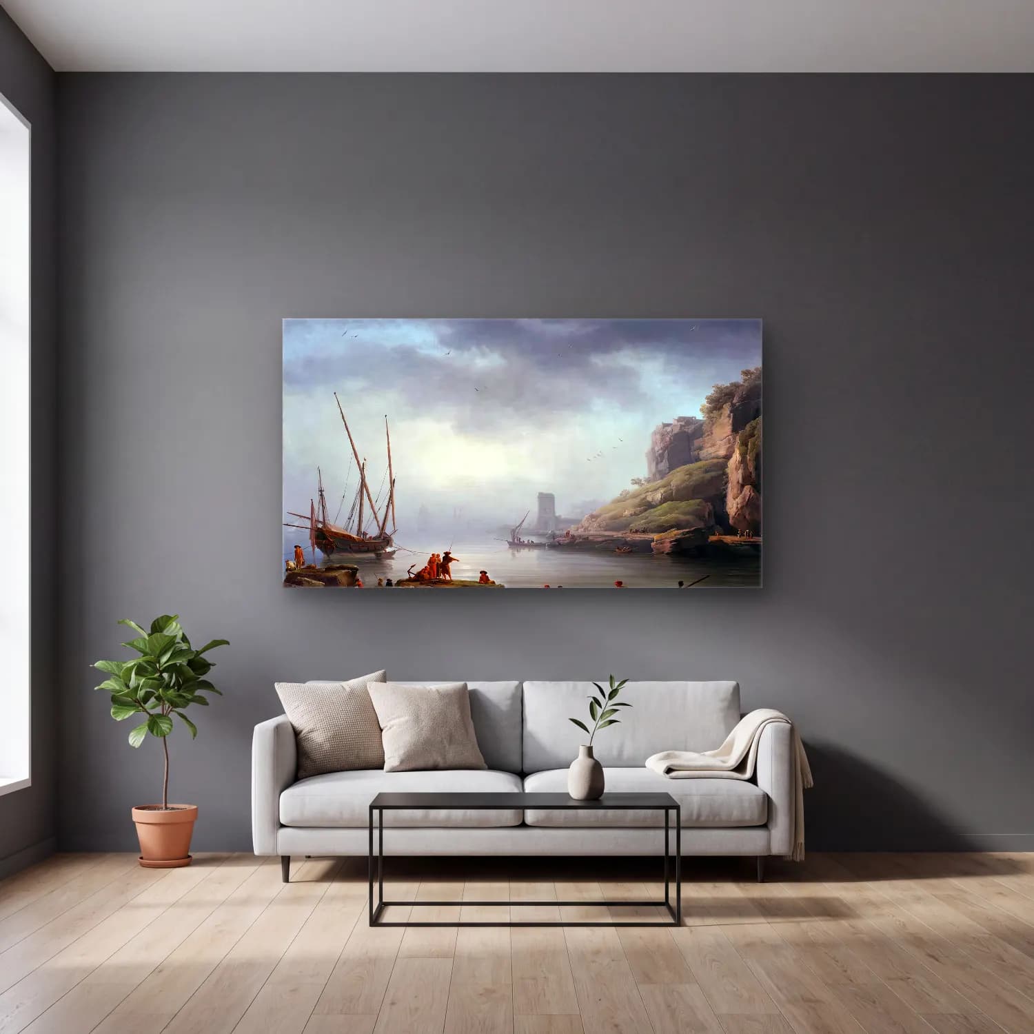 Claude-Joseph Vernet – Sunrise The Fishermen s Departure cam tablo — gri duvarlı salonda