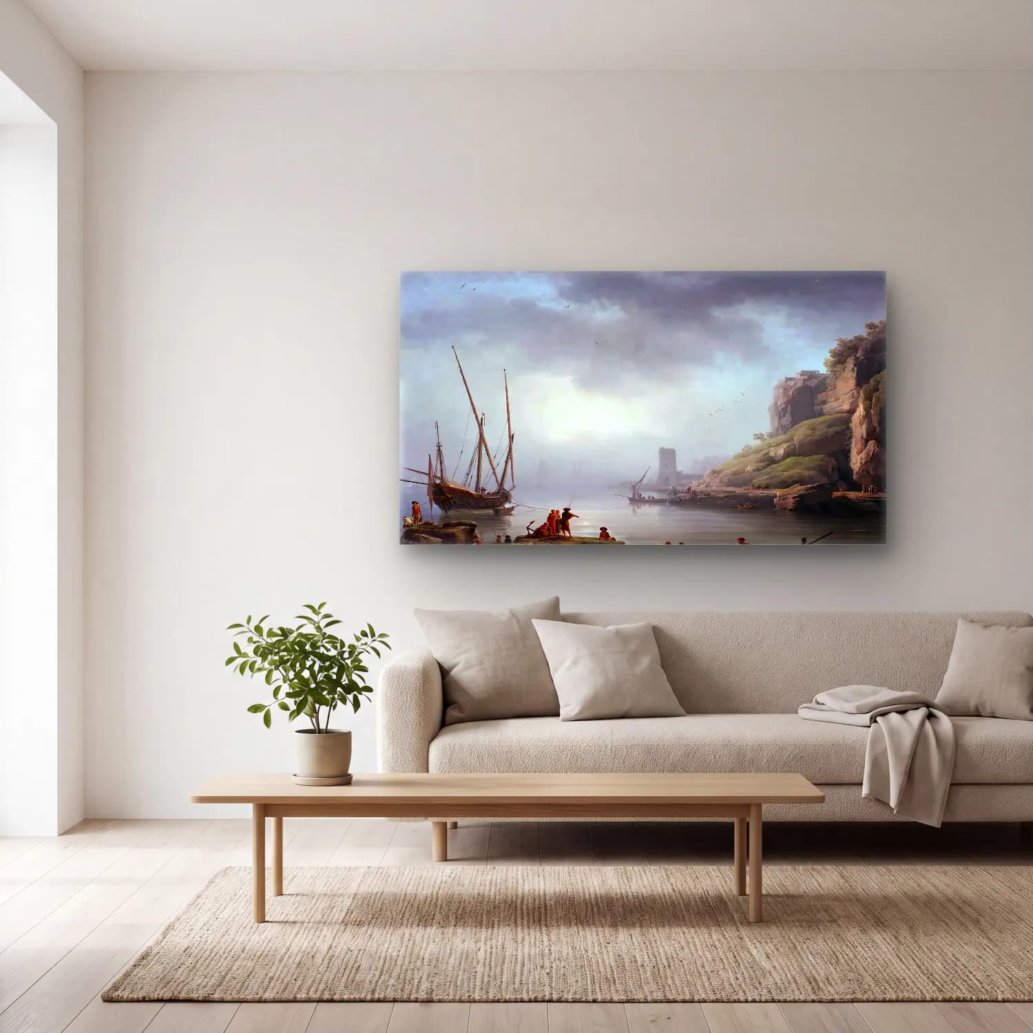 Claude-Joseph Vernet – Sunrise The Fishermen s Departure cam tablo — açık renk salonda
